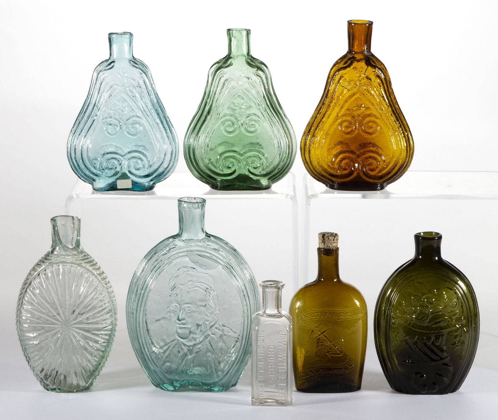 ASSORTED PICTORIAL / HISTORICAL GLASS FLASKS, LOT OF SEVEN (1 of 2)