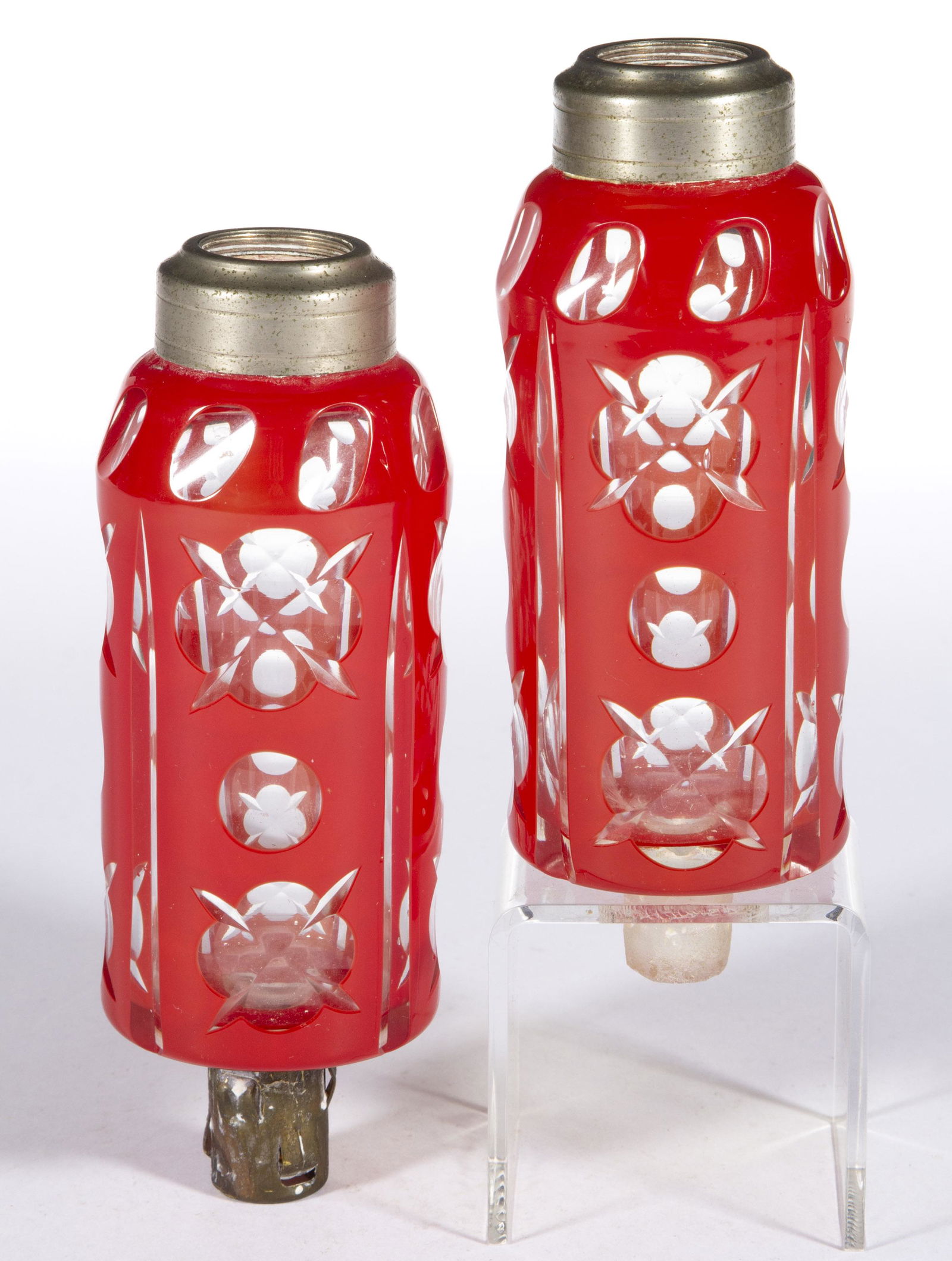 CZECH REPRODUCTION CUT-OVERLAY SPIKED QUATREFOILS AND PUNTIES PAIR OF PEG LAMPS (1 of 1)