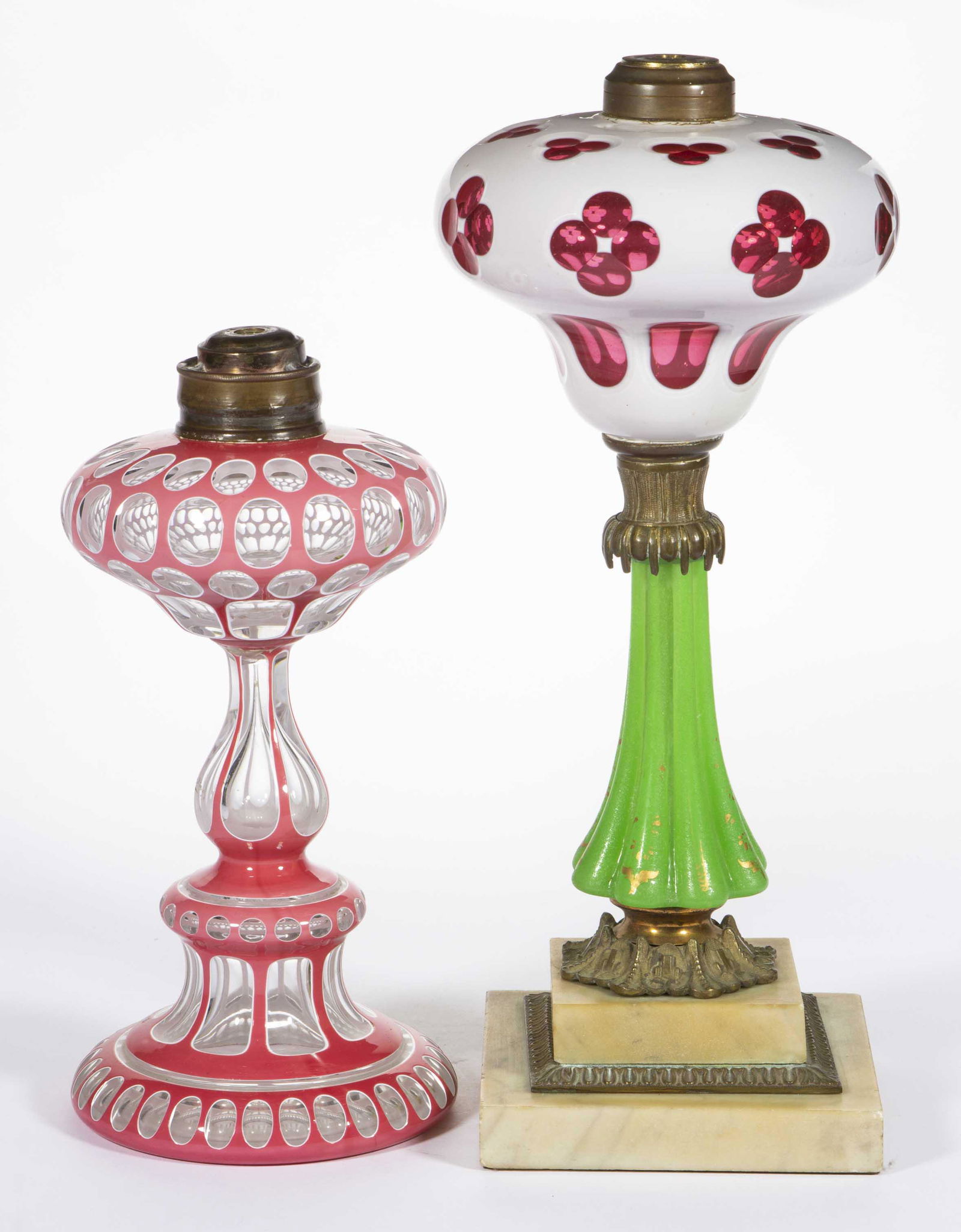 ASSORTED CUT OVERLAY GLASS KEROSENE STAND LAMPS, LOT OF TWO (1 of 1)