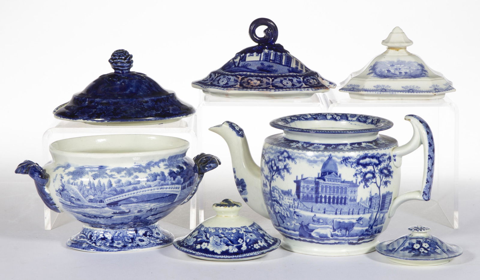 STAFFORDSHIRE AMERICAN VIEW AND OTHER TRANSFER-PRINTED CERAMIC ARTICLES, LOT OF SEVEN (1 of 2)