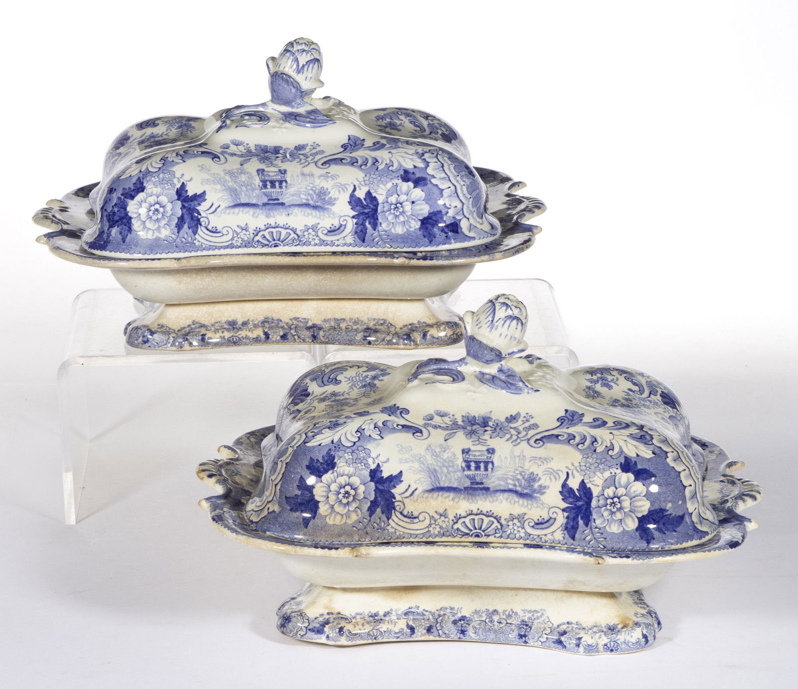 PAIR OF STAFFORDSHIRE TRANSFER-PRINTED CERAMIC COVERED VEGETABLE DISHES (1 of 4)