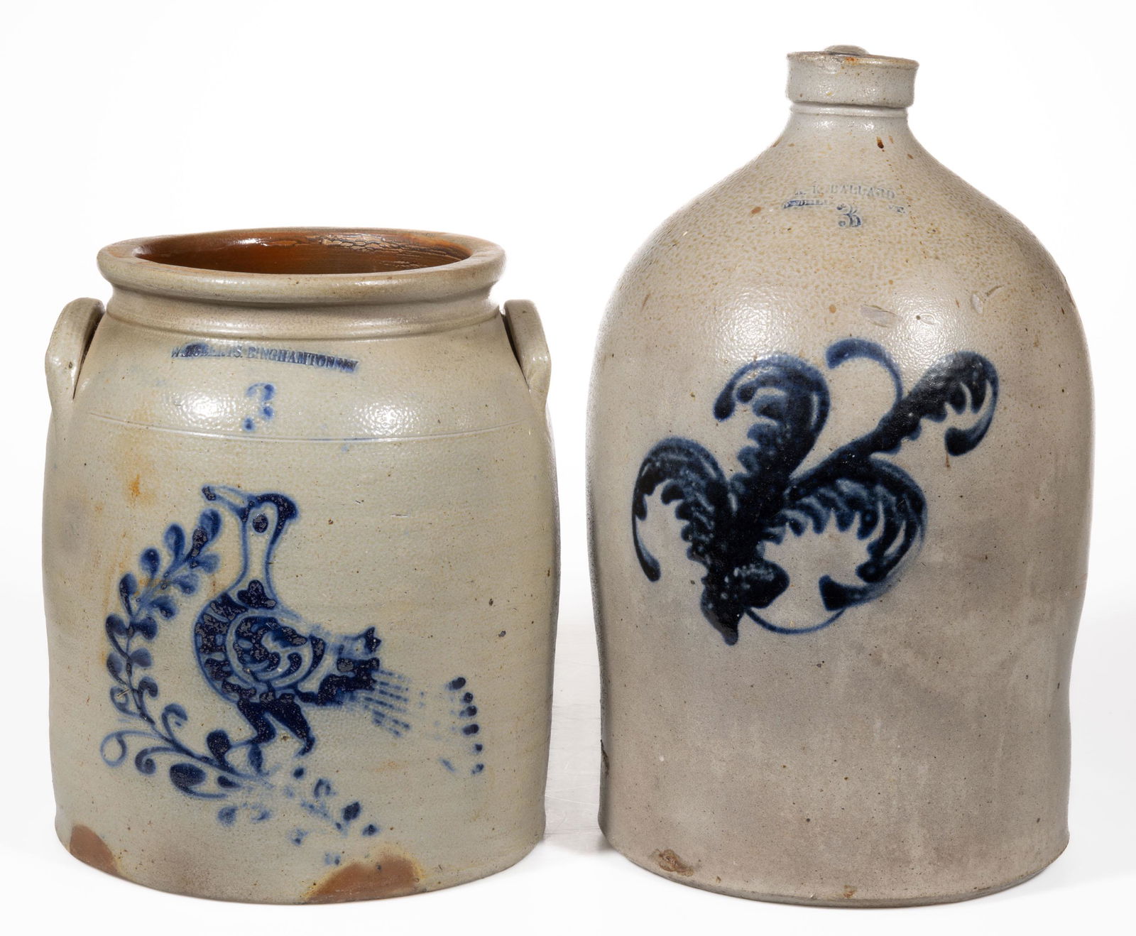 NORTHEASTERN DECORATED STONEWARE VESSELS, LOT OF TWO: NORTHEASTERN DECORATED STONEWARE VESSELS, LOT OF TWO, salt-glazed, comprising a stamped "W. ROBERTS BINGHAMTOWN", New York "3" gallon capacity jar with applied arched handles, and slip-trailed cobalt