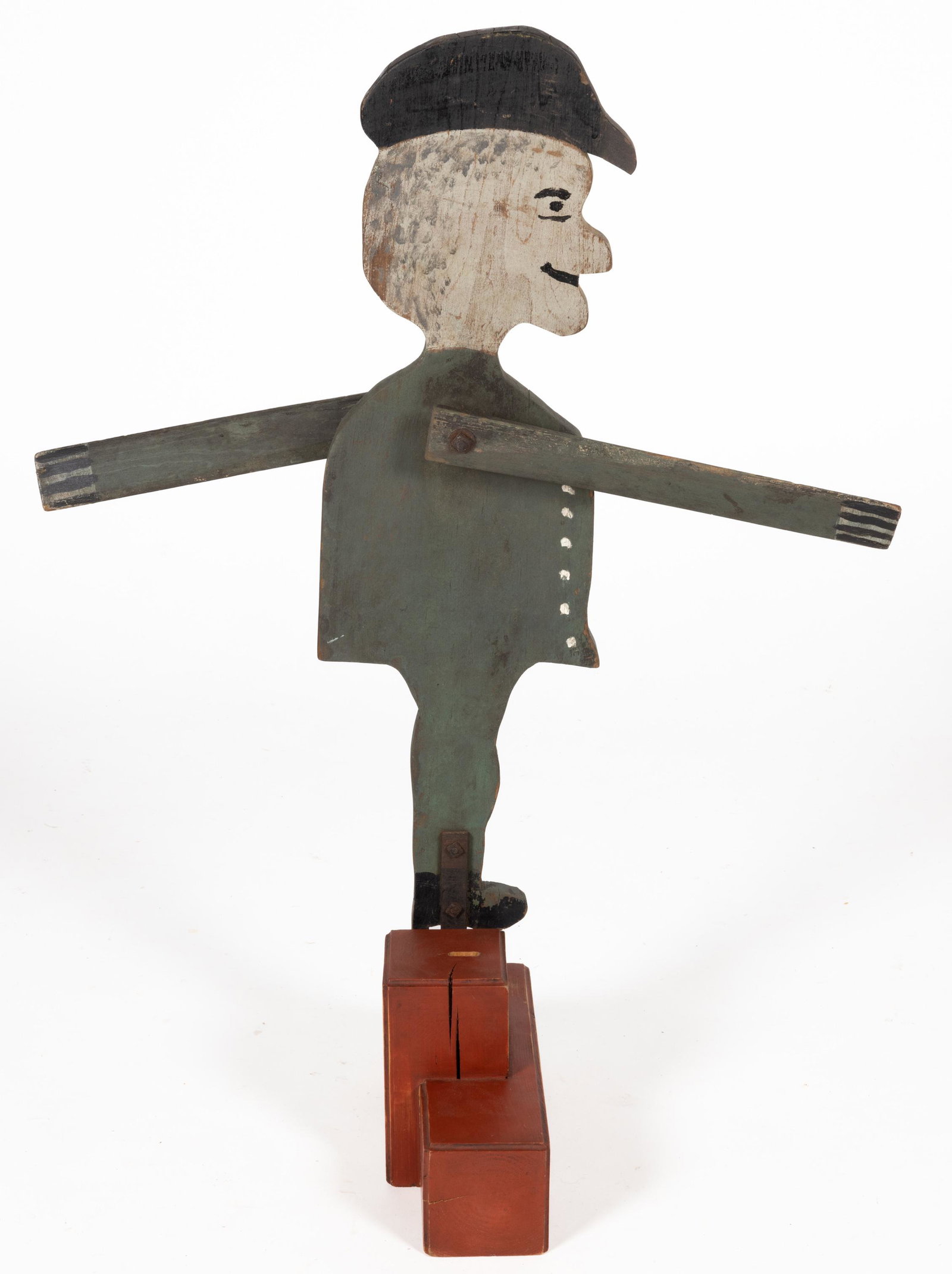 AMERICAN FOLK ART PAINTED WOODEN HESSIAN WHIRLIGIG: AMERICAN FOLK ART PAINTED WOODEN HESSIAN WHIRLIGIG, full-figure, situated on a custom base for display. Retains original polychrome painted surface. First quarter 20th century. 34 3/4" HOA. Provenance