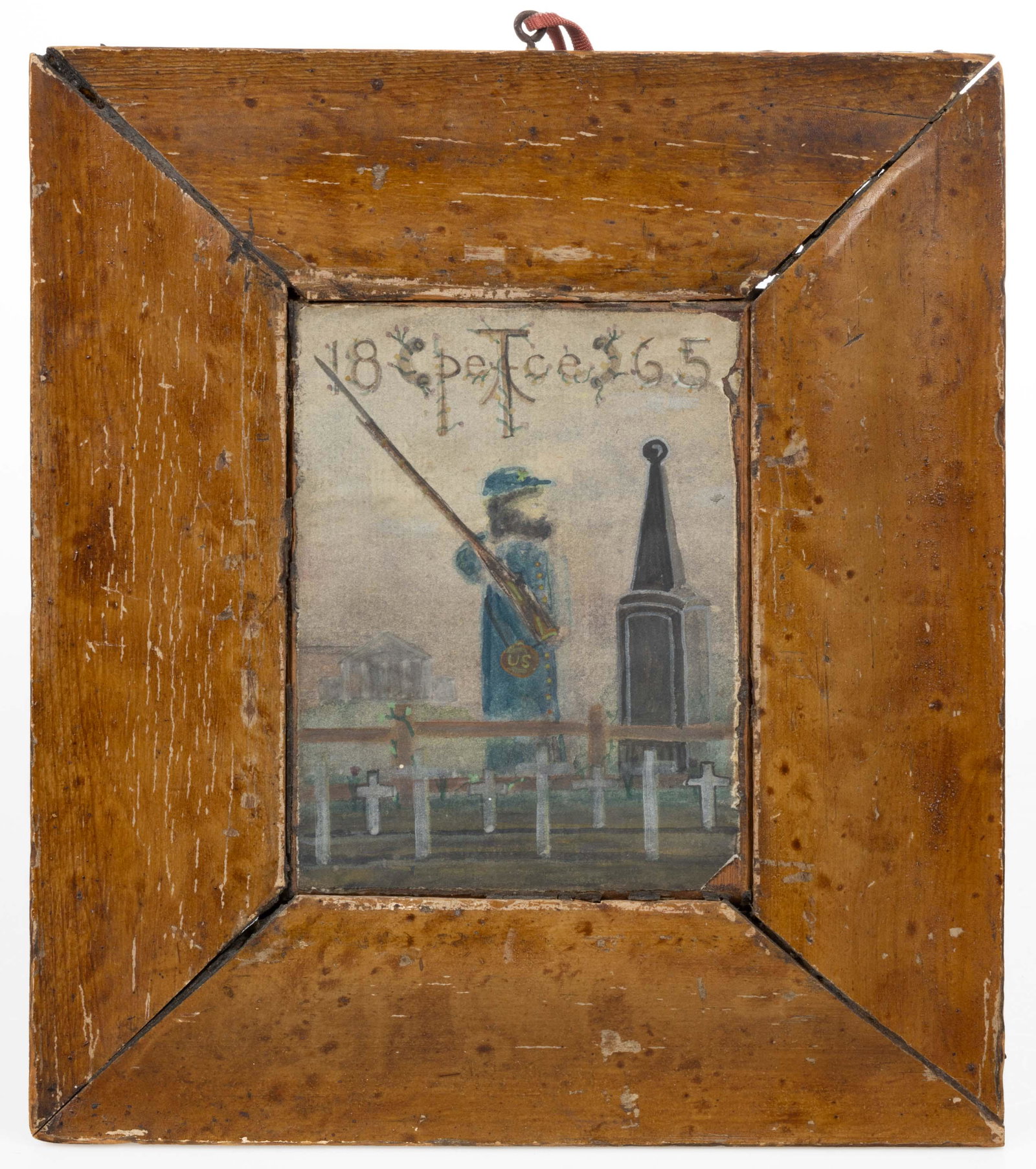 AMERICAN SCHOOL (19TH CENTURY) FOLK ART MOURNING SCENE / CIVIL WAR PAINTING: AMERICAN SCHOOL (19TH CENTURY) FOLK ART MOURNING SCENE / CIVIL WAR PAINTING, watercolor on paper applied to board, depicting a Union soldier in a blue coat and cap with a "US" canteen on hip holding a
