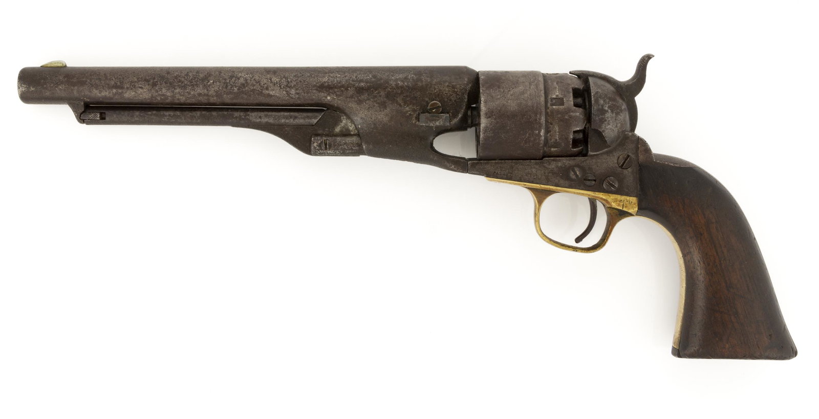 CIVIL WAR COLT MODEL 1860 ARMY PERCUSSION REVOLVER: CIVIL WAR COLT MODEL 1860 ARMY PERCUSSION REVOLVER, 44 caliber, Standard Army model with four-screw frame, six-shot cylinder, round barrel with "ADDRESS COL. SAMl COLT NEW-YORK U.S. AMERICA" marking o