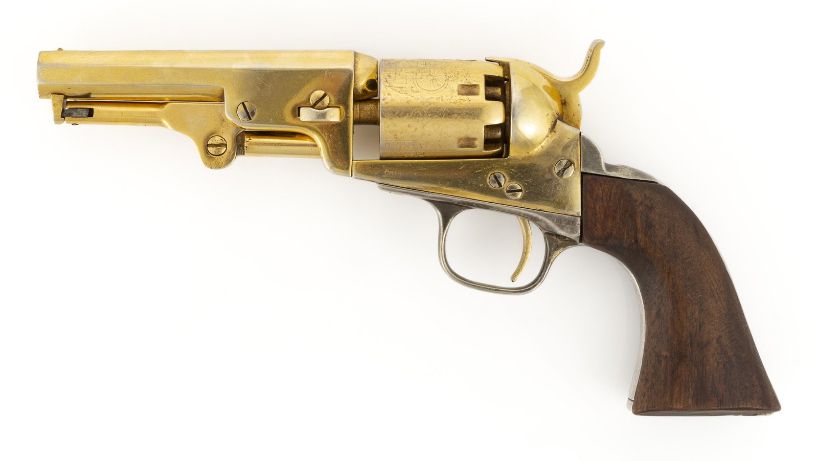 CIVIL WAR COLT MODEL 1849 POCKET REVOLVER: CIVIL WAR COLT MODEL 1849 POCKET REVOLVER, 31 caliber, six-shot cylinder with stagecoach scene, octagonal barrel with "ADDRESS COL. SAML COLT NEW-YORK U.S. AMERICA." marking on top, small trigger guar