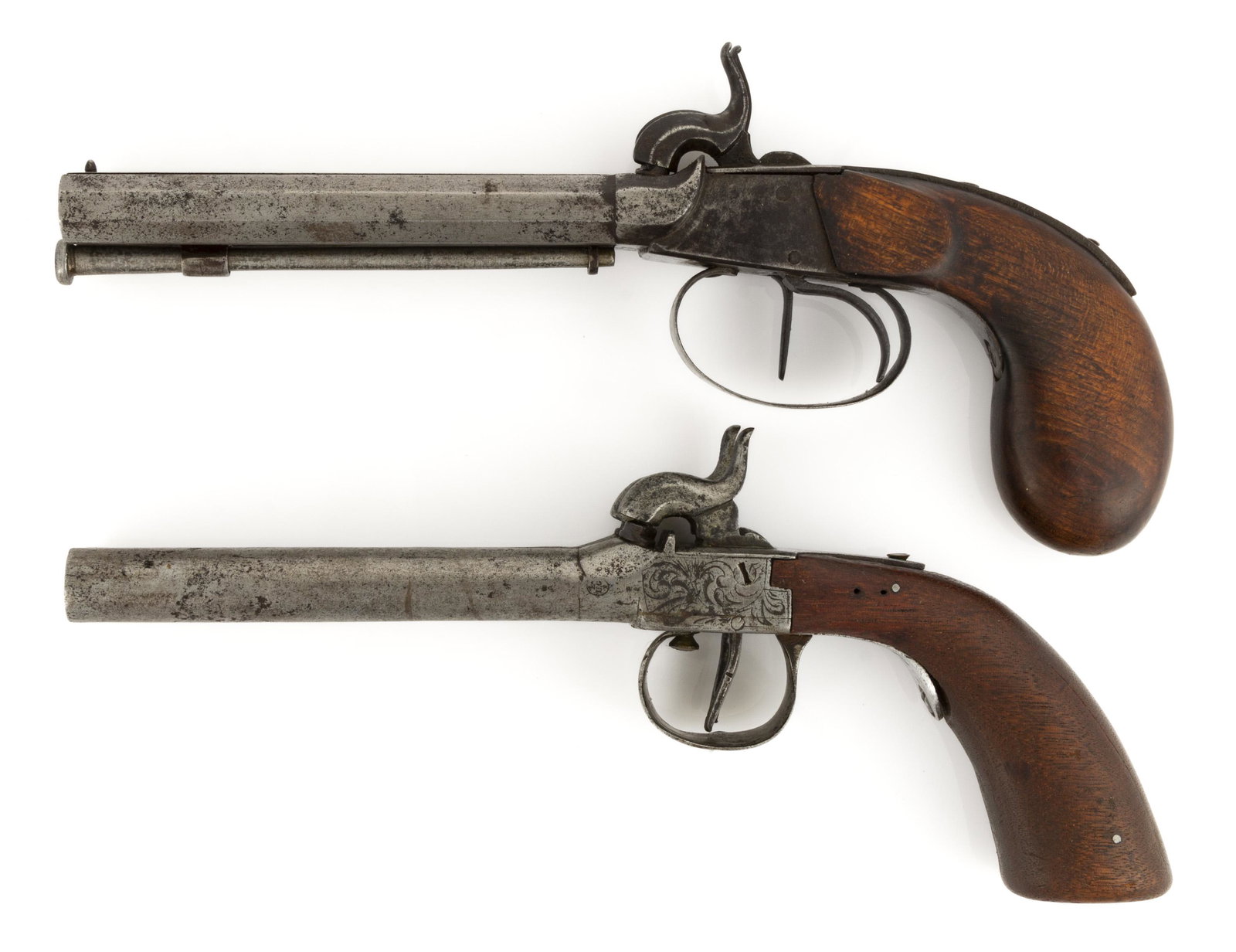 CIVIL WAR PERIOD DOUBLE-BARREL PERCUSSION PISTOLS, LOT OF TWO: CIVIL WAR PERIOD DOUBLE-BARREL PERCUSSION PISTOLS, LOT OF TWO, comprising a Belgian approximately .36 caliber box-lock example with round barrels bearing "E / L G / star" proof mark; and an approximat