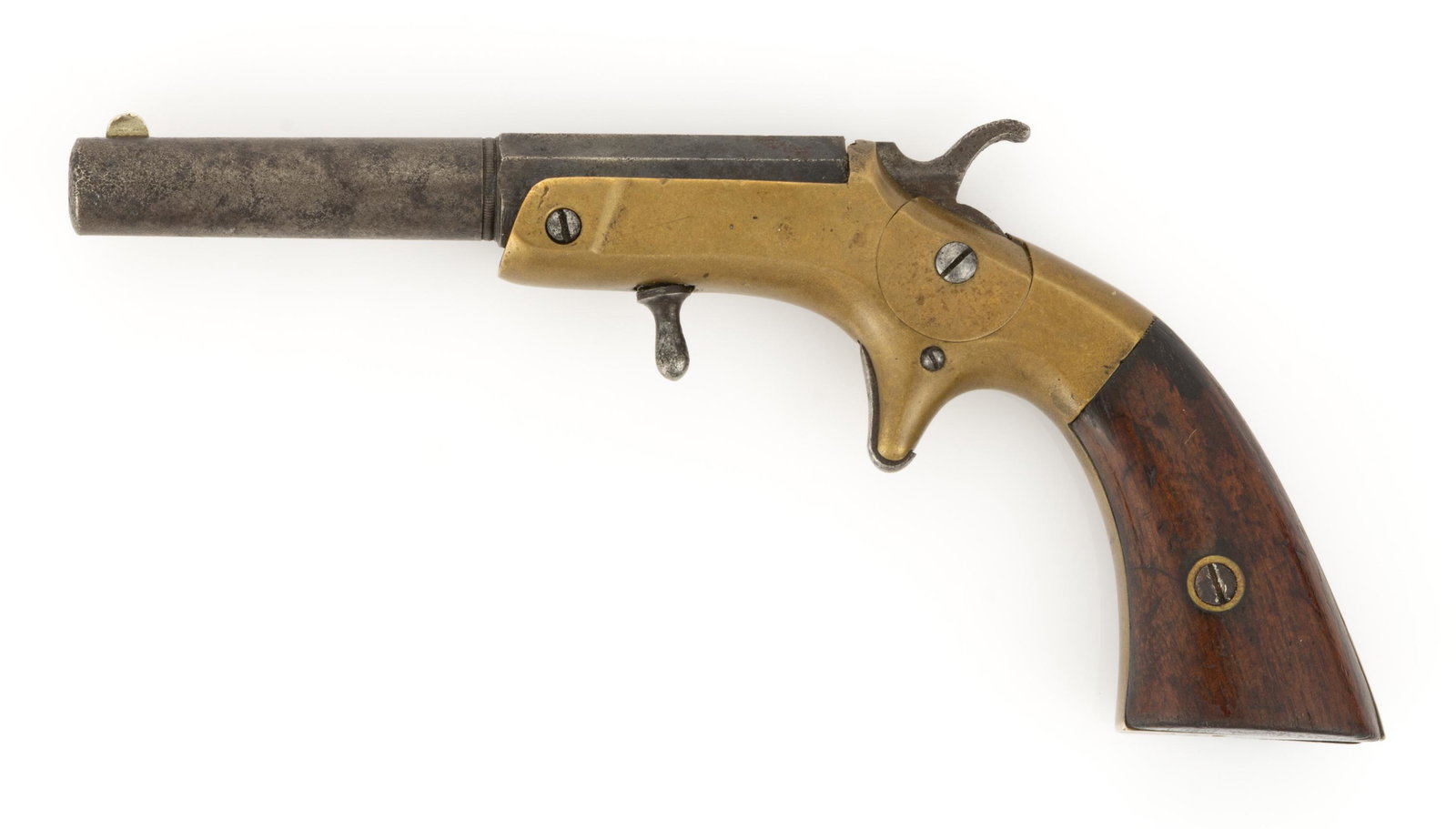 CIVIL WAR FRANK WESSON SMALL FRAME SECOND TYPE PERCUSSION PISTOL: CIVIL WAR FRANK WESSON SMALL FRAME SECOND TYPE PERCUSSION PISTOL, .22 caliber, octagonal to round barrel marked "FRANK WESSON WORCESTER MASS / PAT'D OCT. 25, 1859 & NOV. 11, 1862" to top flat, brass f