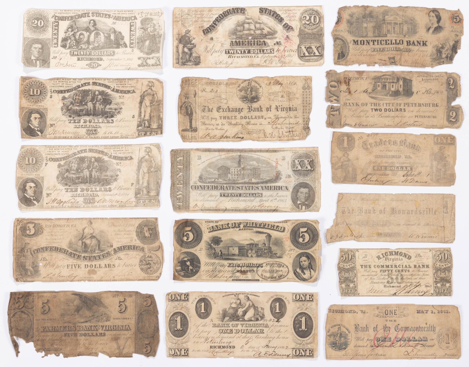 ASSORTED CONFEDERATE STATES / LOCAL CIVIL WAR OBSOLETE CURRENCY / NOTES, LOT OF 16: ASSORTED CONFEDERATE STATES / LOCAL CIVIL WAR OBSOLETE CURRENCY / NOTES, LOT OF 16, including September 2, 1861 CSA $5, two $10, and two different $20; 1862 $3 Exchange Bank of Virginia, Norfolk; 1860