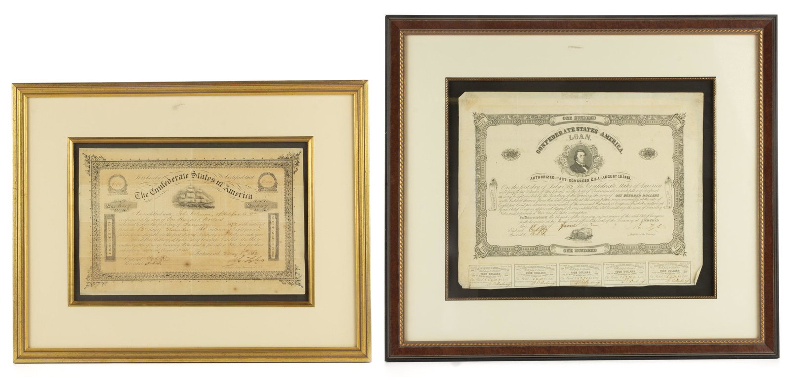 CIVIL WAR CONFEDERATE STATES BONDS, LOT OF TWO: CIVIL WAR CONFEDERATE STATES BONDS, LOT OF TWO, comprising an 1862 $100 with five coupons attached, and an 1861 $100. Both archival framed with museum glass. 1861-1862. 15 1/2" x 20" and 19" x 22" OA.