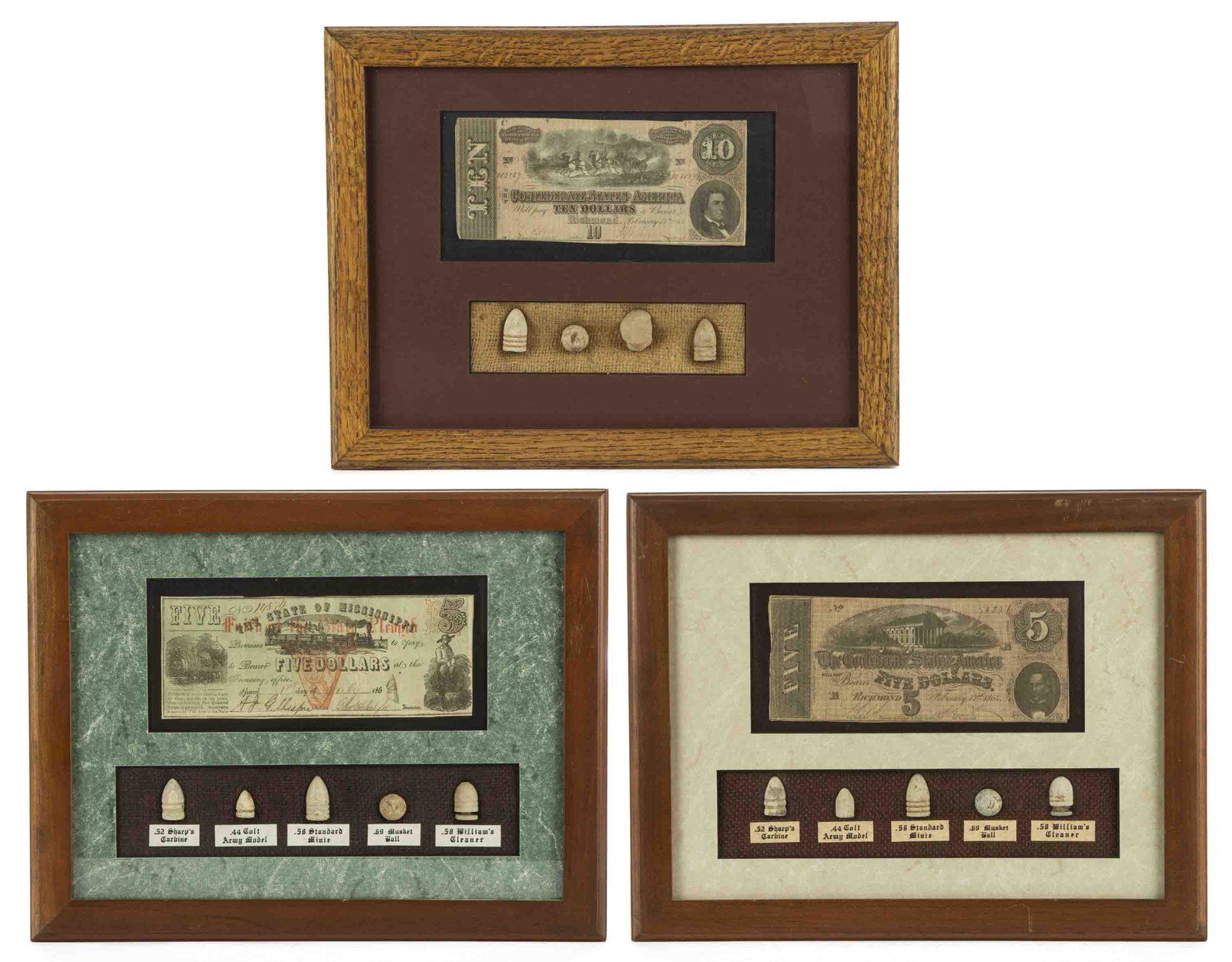CIVIL WAR CURRENCY AND RELICS, LOT OF THREE FRAMES: CIVIL WAR CURRENCY AND RELICS, LOT OF THREE FRAMES, notes comprising an 1862 State of Mississippi $5, and 1864 CSA $5 and $10, each having a variety of dug projectile relics mounted below. Housed unde