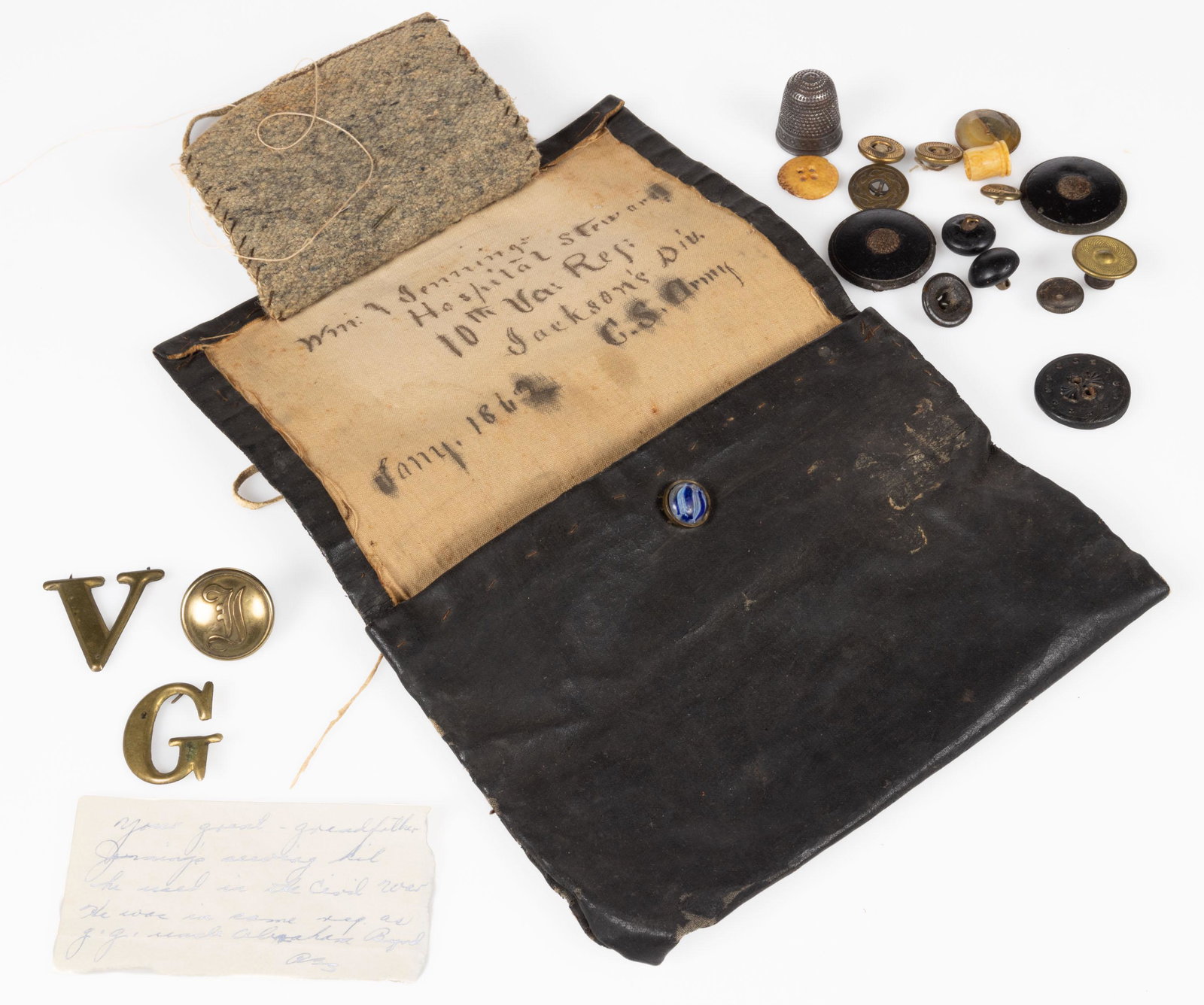 CIVIL WAR CONFEDERATED IDENTIFIED 10TH VIRGINIA REGIMENT CANVAS POUCH / SEWING KIT: CIVIL WAR CONFEDERATED IDENTIFIED 10TH VIRGINIA REGIMENT CANVAS POUCH / SEWING KIT, black oil cloth with fabric lining, single flap with single-button tie off, interior of flap with period inked inscr