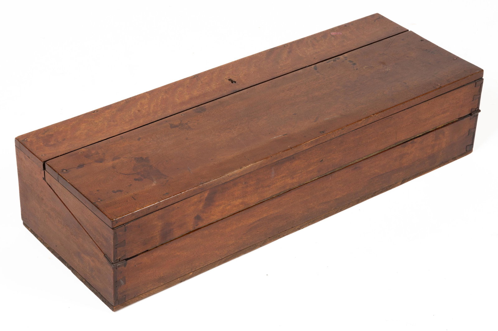 CIVIL WAR BIRCH OFFICER'S FIELD DESK: CIVIL WAR BIRCH OFFICER'S FIELD DESK, dovetailed construction, featuring a hinged lid opening to a slanted writing surface concealing two wells. Reportedly used at the Battle of Gettysburg. Lightly cl