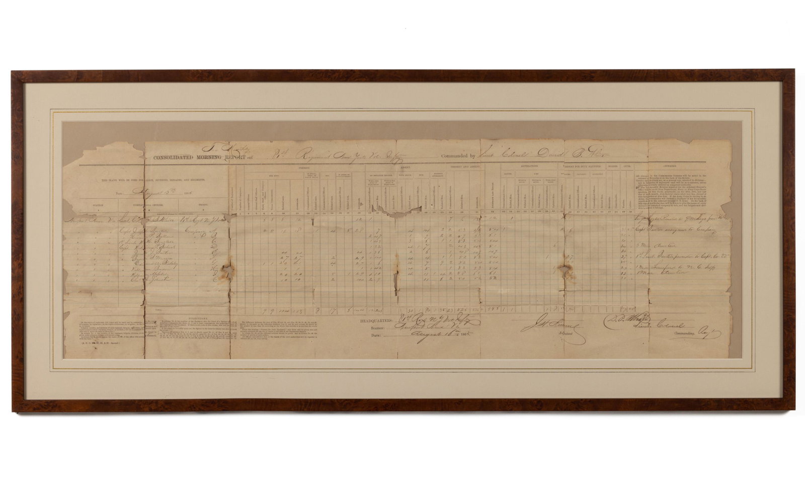 CIVIL WAR NEW YORK INFANTRY TROOP REPORT DOCUMENT: CIVIL WAR NEW YORK INFANTRY TROOP REPORT DOCUMENT, eight-fold, dated August 16th, 1865, for the 81st Regiment, New York Volunteer Infantry, occupation troops stationed at Newport News, Virginia, under