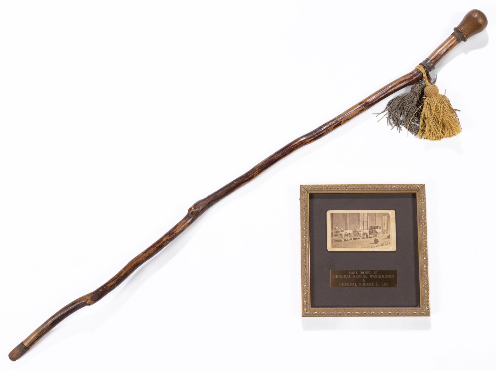 IMPORTANT GEORGE WASHINGTON AND ROBERT E. LEE OWNED WALKING STICK / CANE: IMPORTANT GEORGE WASHINGTON AND ROBERT E. LEE OWNED WALKING STICK / CANE, the hickory handgrip made from a hub of George Washington's carriage, joined to a shaft fashioned from a tree branch, the join