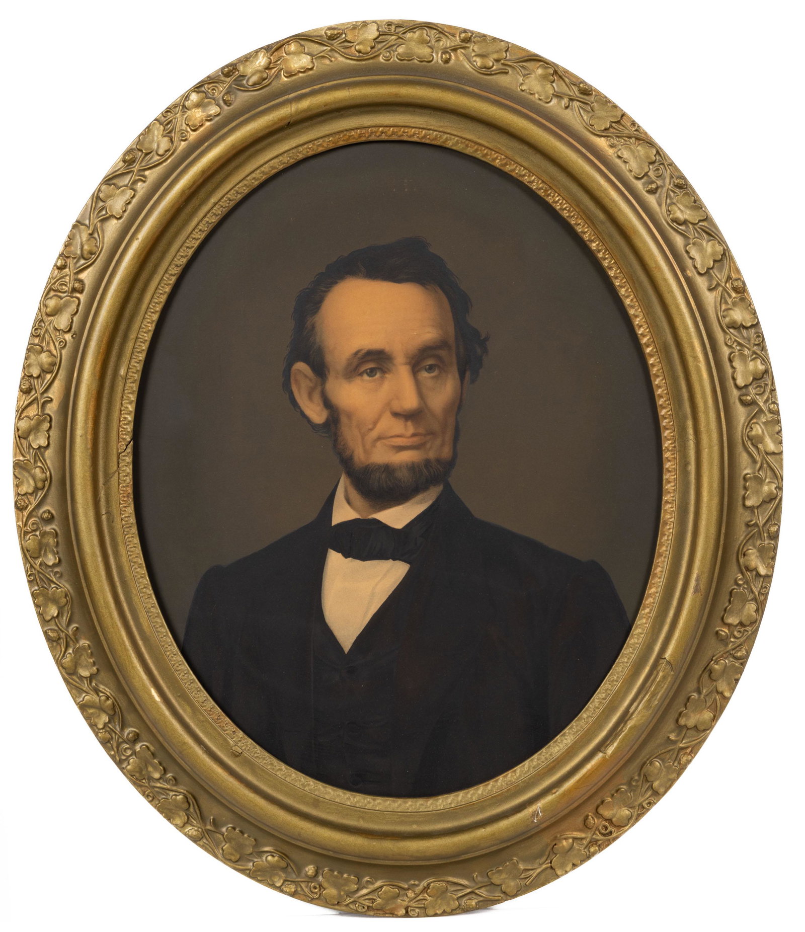 ABRAHAM LINCOLN PORTRAIT BY E. C. MIDDLETON, CINCINNATI, OHIO: ABRAHAM LINCOLN PORTRAIT BY E. C. MIDDLETON, CINCINNATI, OHIO, chromolithograph on canvas, forward facing bust depiction based on a photograph taken by Anthony Berger of the Matthew Brady studio, doub