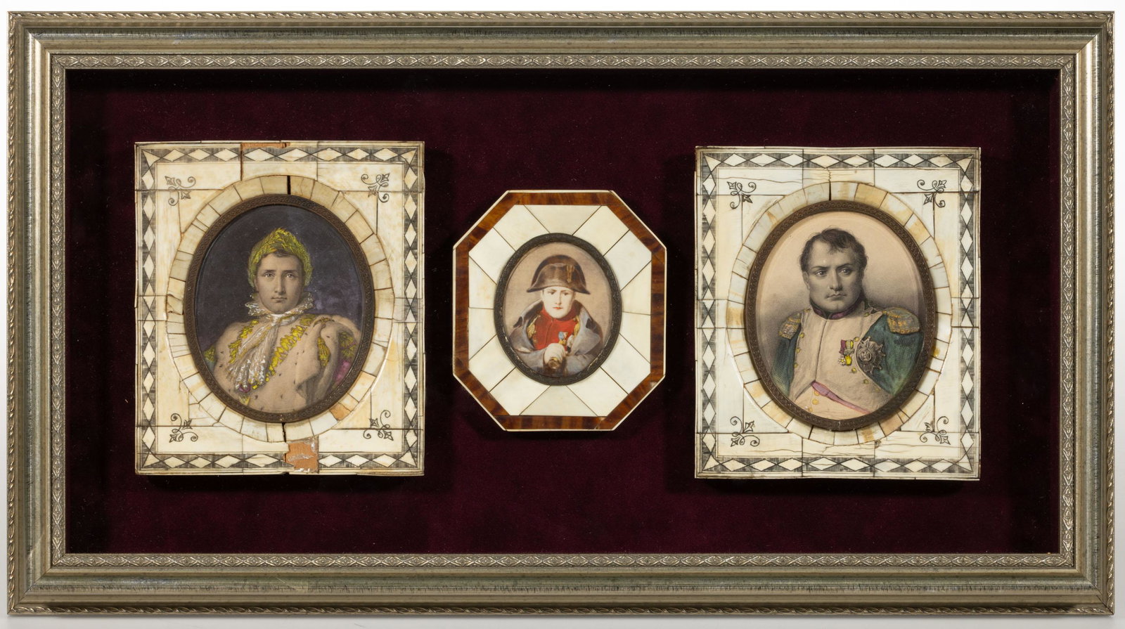 CONTINENTAL SCHOOL NAPOLEON BONAPARTE MINIATURE PORTRAITS, LOT OF THREE: CONTINENTAL SCHOOL NAPOLEON BONAPARTE MINIATURE PORTRAITS, LOT OF THREE, each bust depiction, comprising a watercolor on paper in military coat and frock, wearing his bicorne hat; and two hand-colored