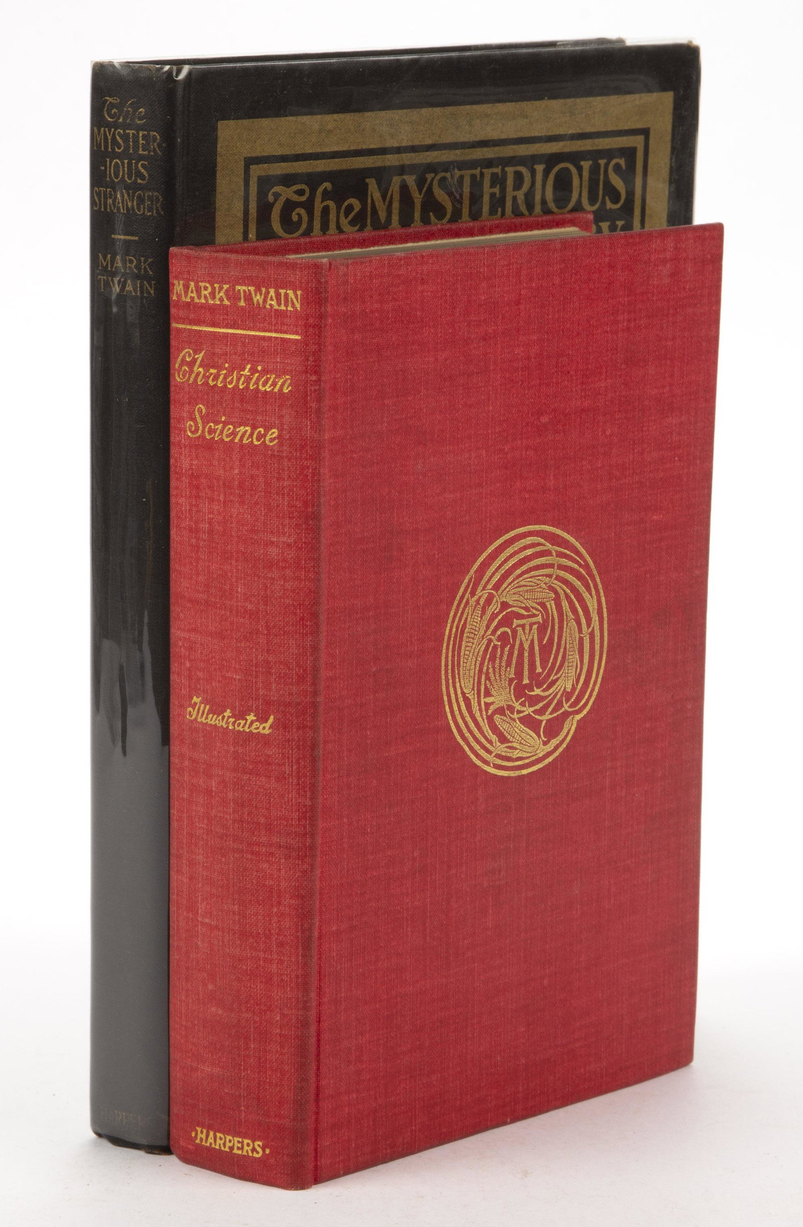 MARK TWAIN FIRST EDITION VOLUMES, LOT OF TWO: MARK TWAIN FIRST EDITION VOLUMES, LOT OF TWO, (1) The Mysterious Stranger. Illustrated by N. C. Wyeth. New York: Harper & Brothers, 1916. First printing with date code "K-O" for October 1916 on copyri