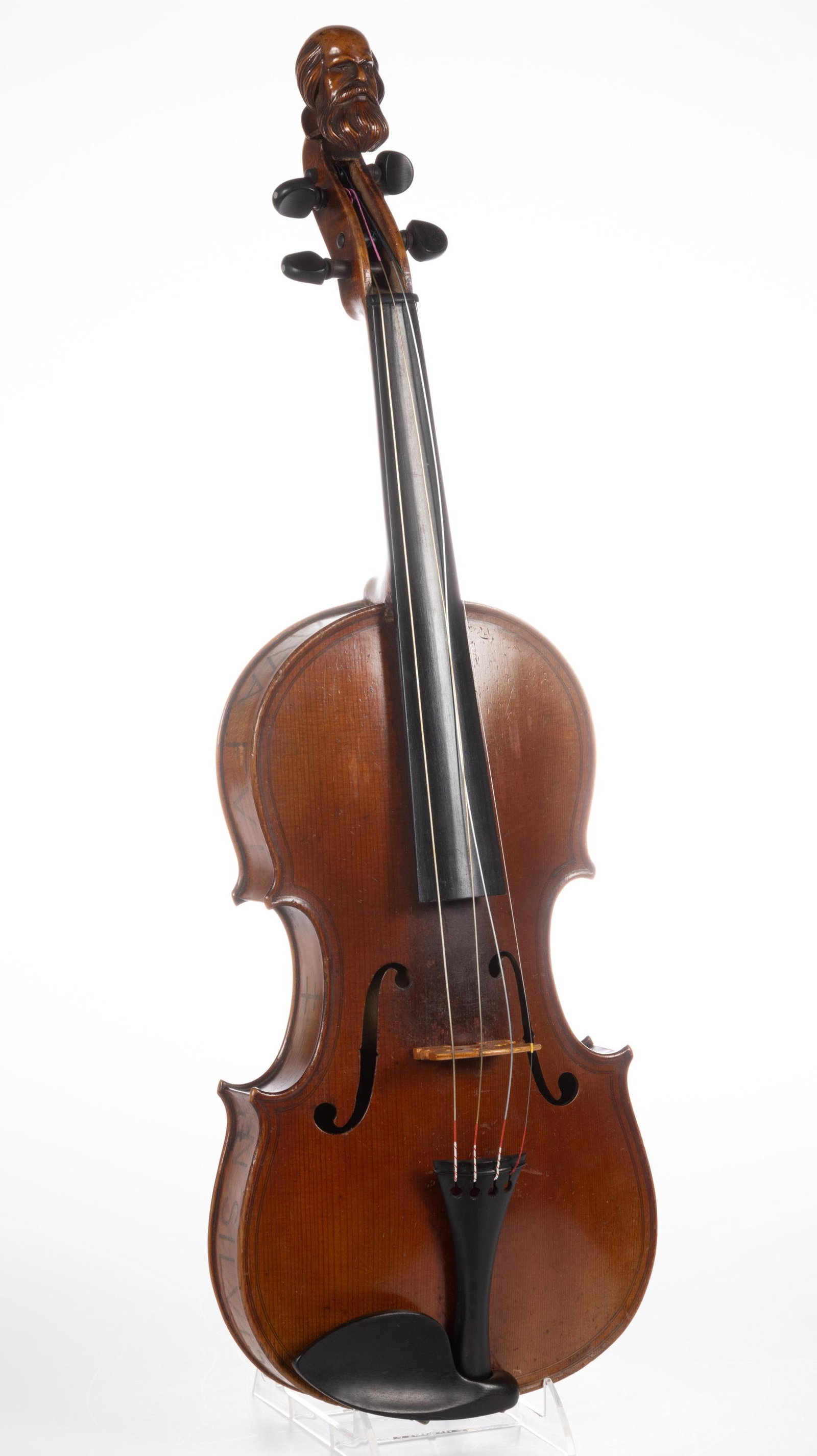 FRENCH CARVED AND INLAID VIOLIN: FRENCH CARVED AND INLAID VIOLIN, four string, spruce top, maple sides featuring gilt lettering in Latin which reads, "VIVA FVI / IN SILVIS DVM / MORTVA DVL / CE CANO", maple back with an inlaid view o