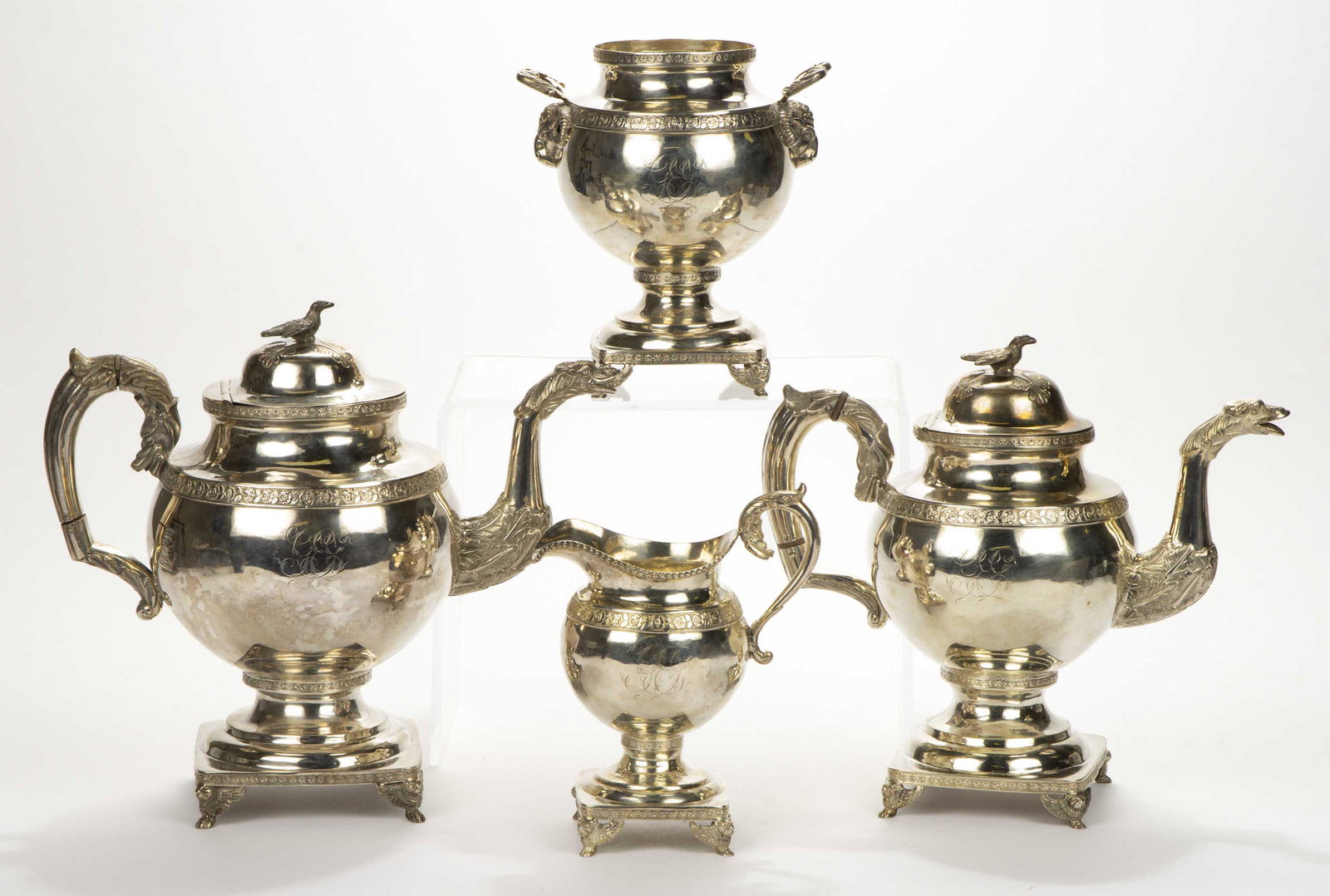 POSSIBLY PHILADELPHIA, PENNSYLVANIA COIN SILVER FOUR-PIECE COFFEE AND TEA SERVICE: POSSIBLY PHILADELPHIA, PENNSYLVANIA COIN SILVER FOUR-PIECE COFFEE AND TEA SERVICE, (updated 11/8/22) comprising a coffee pot, a teapot, a creamer, and a sugar lacking cover, each having a spherical we