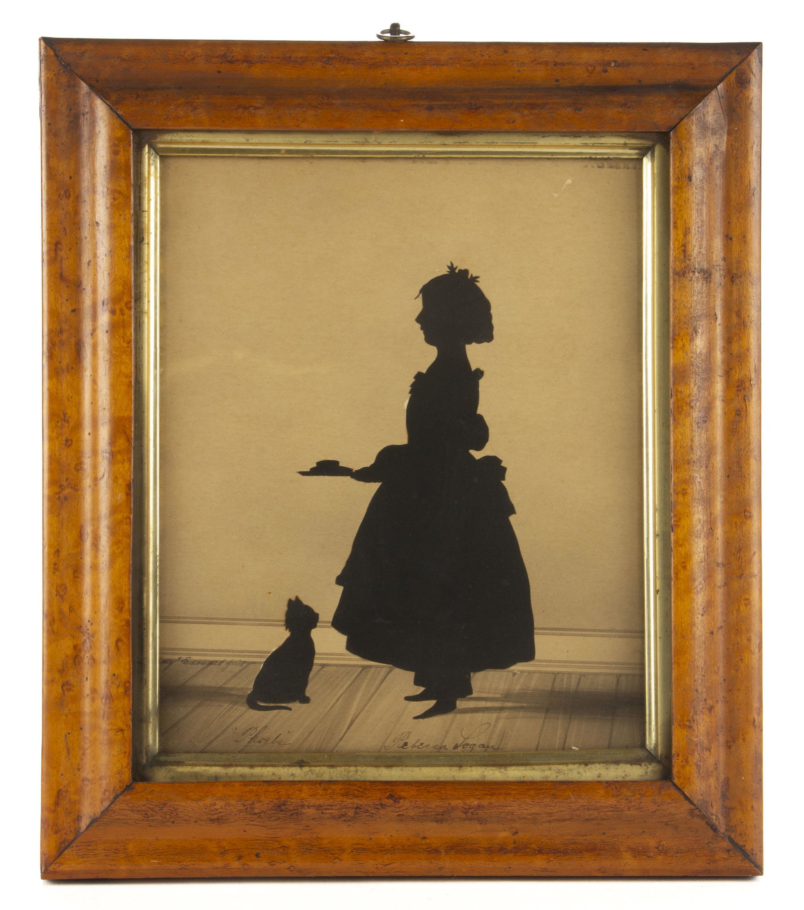AUGUSTE EDOUART (FRENCH / AMERICAN, 1789-1861) CUT-AND-PASTED SILHOUETTE OF A GIRL AND CAT: AUGUSTE EDOUART (FRENCH / AMERICAN, 1789-1861) CUT-AND-PASTED SILHOUETTE OF A GIRL AND CAT, inscribed lower left "Aug. Edouart fecit ", and "Phoebe / Rebecca Logan". Retains gallery label for "Liros G