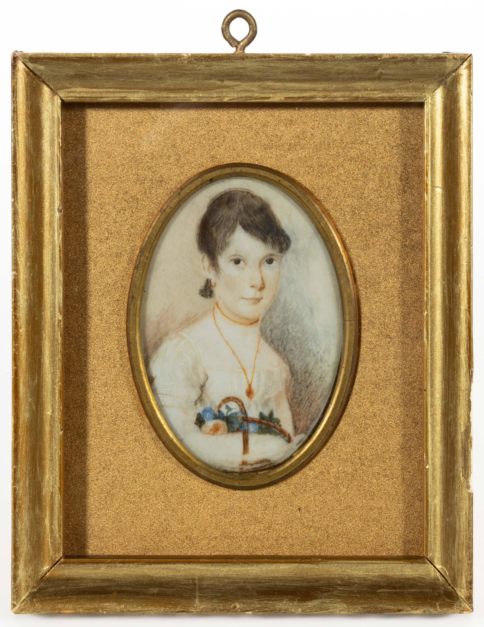 AMERICAN SCHOOL (19TH CENTURY) FOLK ART MINIATURE PORTRAIT OF A YOUNG LADY: AMERICAN SCHOOL (19TH CENTURY) FOLK ART MINIATURE PORTRAIT OF A YOUNG LADY, watercolor, waist-length depiction of sitter cradling a basket of flowers, dated 1810 on reverse, no signature located. Hous