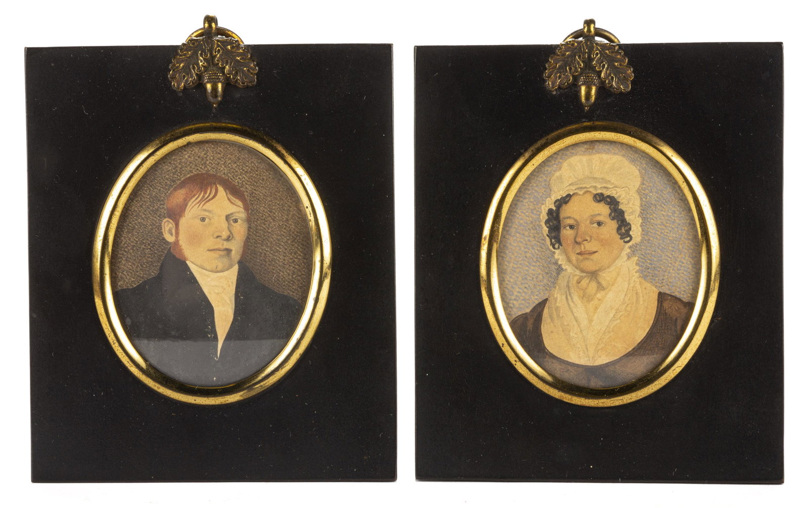 PAIR OF J.W. THOMAS SIGNED FOLK ART PORTRAITS: PAIR OF J.W. THOMAS SIGNED FOLK ART PORTRAITS, watercolor on paper, depicting "Rich" and "Mary Franklin", inscribed on reverse. Housed under glass in likely original frames. Dated 1825. 5" x 4 1/4" OA