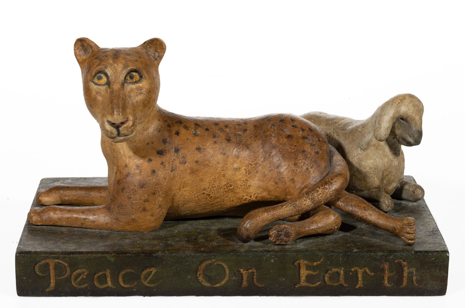 FRANK FINNEY (CAPEVILLE, VIRGINIA, B. 1947) CARVED AND PAINTED FOLK ART "PEACEABLE KINGDOM" CARVING: FRANK FINNEY (CAPEVILLE, VIRGINIA, B. 1947) CARVED AND PAINTED FOLK ART "PEACEABLE KINGDOM" CARVING, don in the style-of Edward Hicks, titled "Peace on Earth / Good Will to Men / Glad Tidings", depict