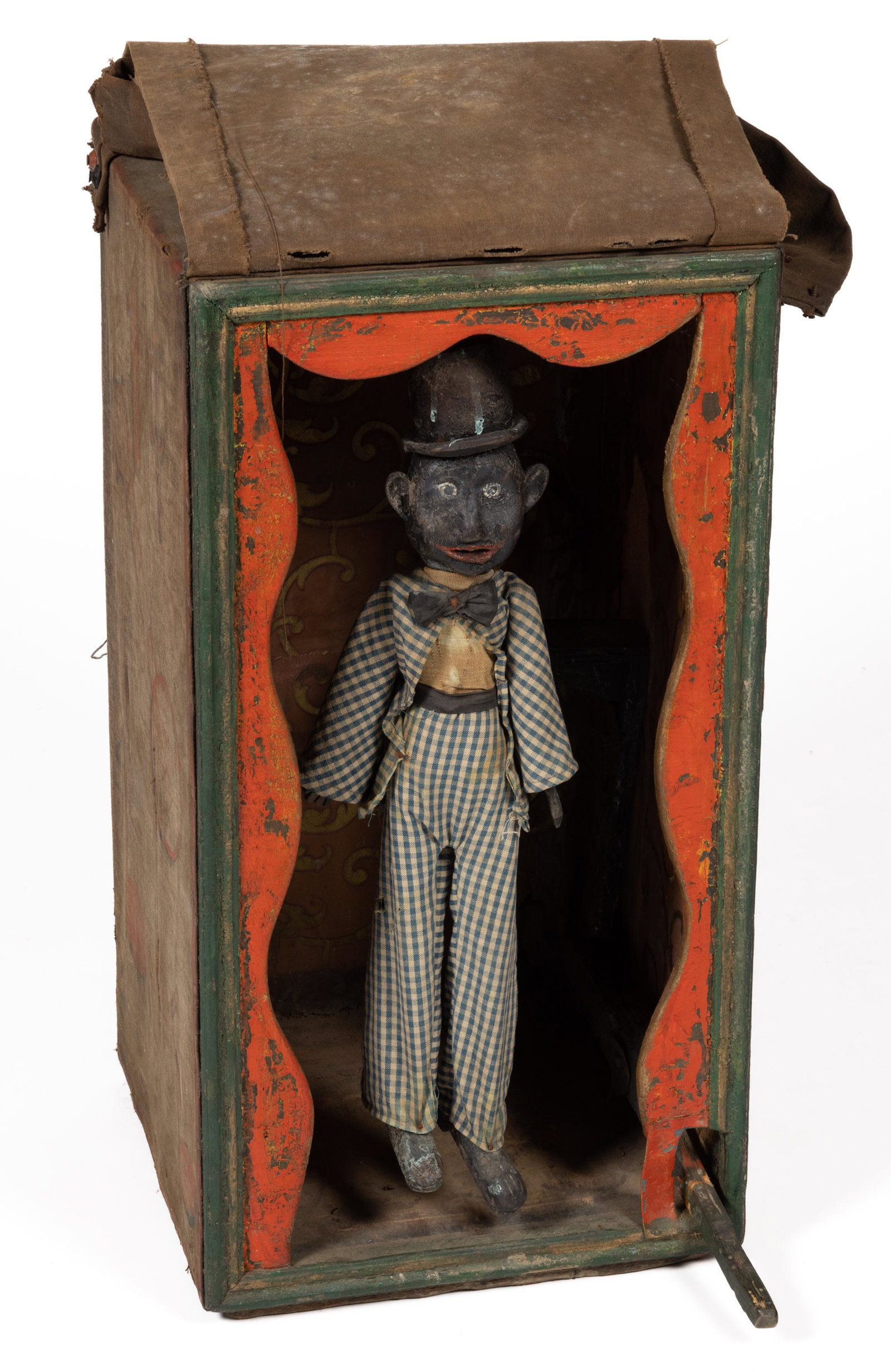 AMERICAN FOLK ART CARVED AND PAINTED DANCING CARNIVAL MINSTREL / WHIMSY: AMERICAN FOLK ART CARVED AND PAINTED DANCING CARNIVAL MINSTREL / WHIMSY, featuring polychrome painted canvas tarp for "MR. BONES", concealing a jointed figure with top hat, wearing period attire. Poss