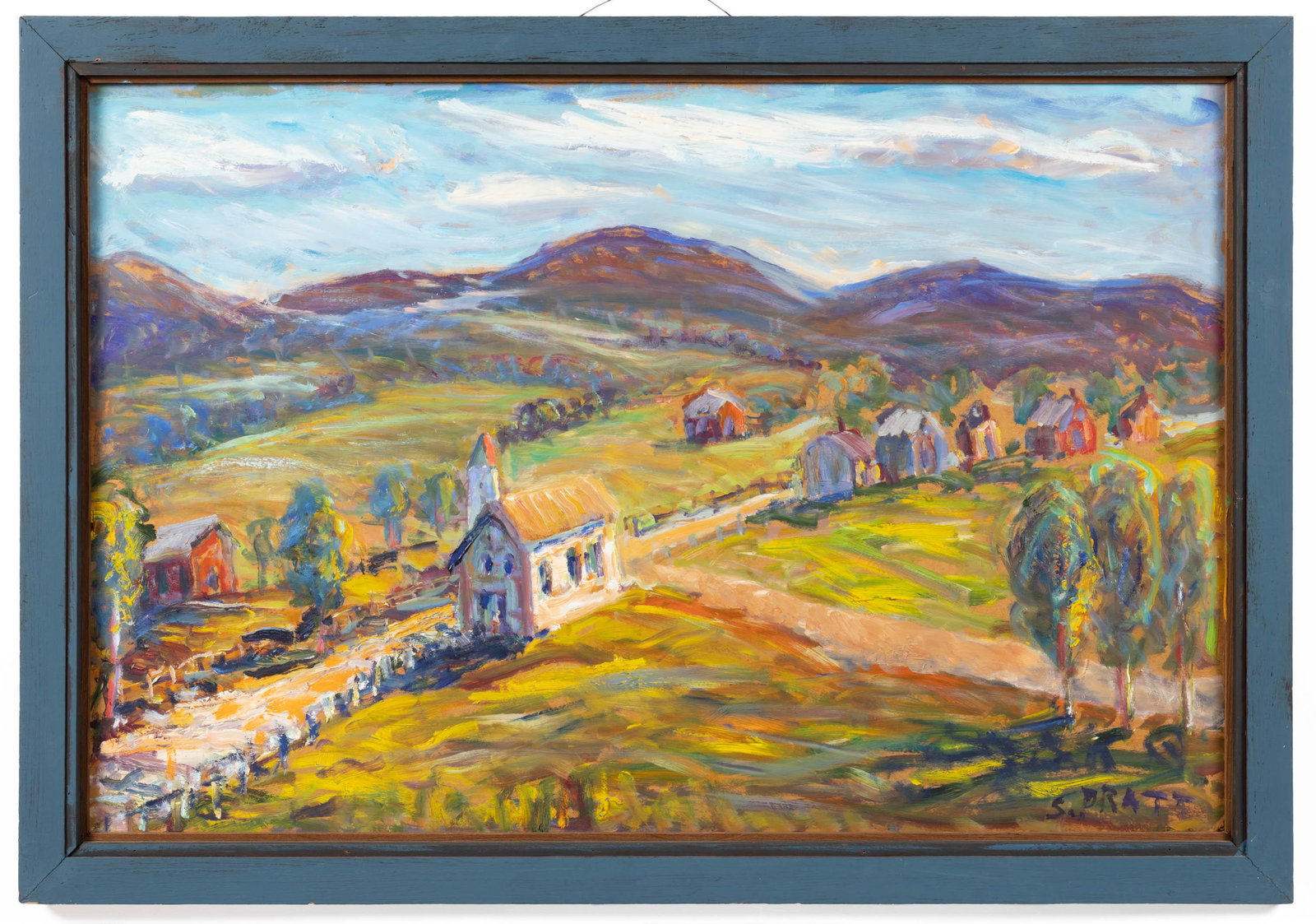 SAMUEL B. PRATT (VIRGINIA, 1903-1999) LANDSCAPE PAINTING: SAMUEL B. PRATT (VIRGINIA, 1903-1999) LANDSCAPE PAINTING, oil on board, vibrant depiction of a mountains with blue skies, and church, signed lower right "S. PRATT". Housed in likely artist made frame.