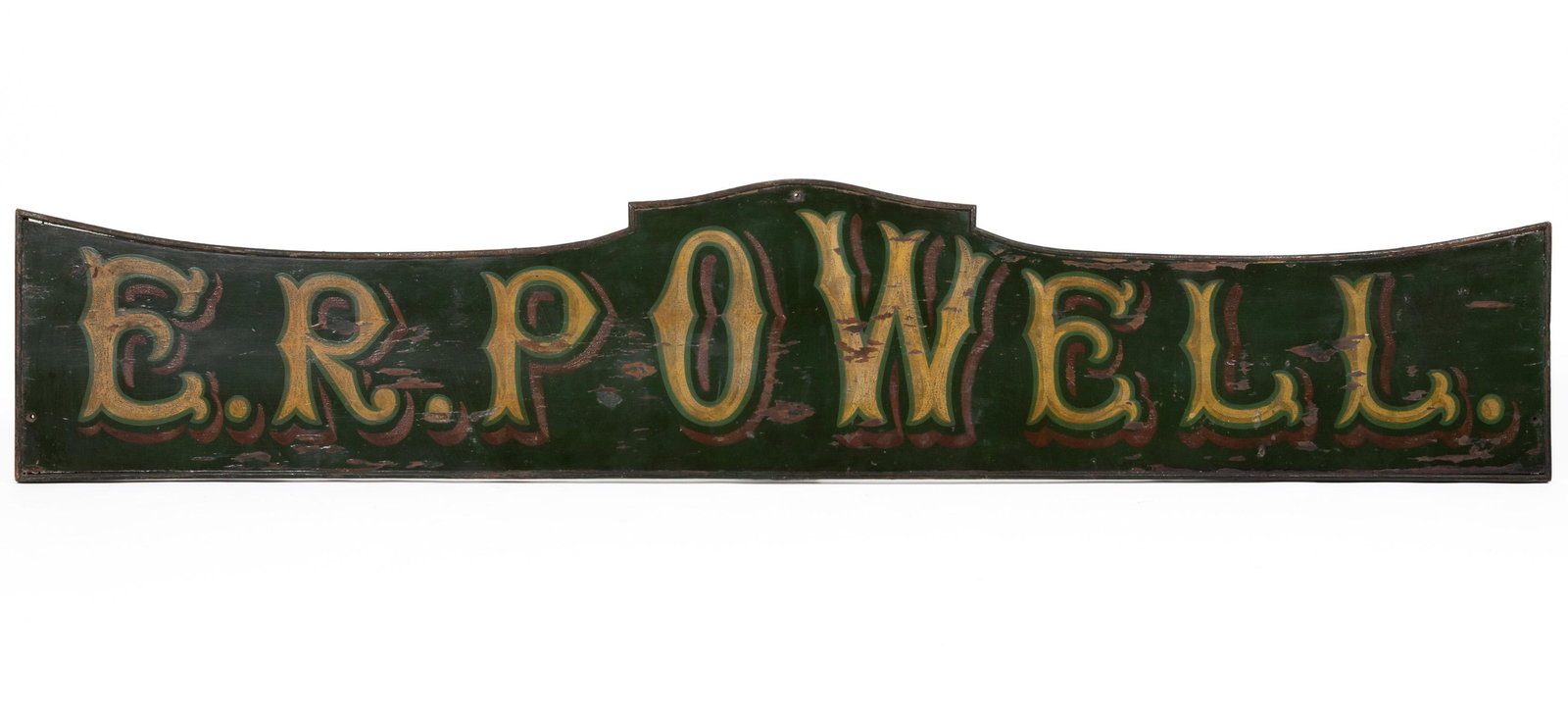 AMERICAN FOLK ART PAINTED WOOD TRADE SIGN: AMERICAN FOLK ART PAINTED WOOD TRADE SIGN, elongated form, for "E.R. POWELL". Late 19th/early 20th century. 16" H, 83" L.Provenance: From a private Virginia collection.Shipping Note: IN-HOUSE SHIPPING