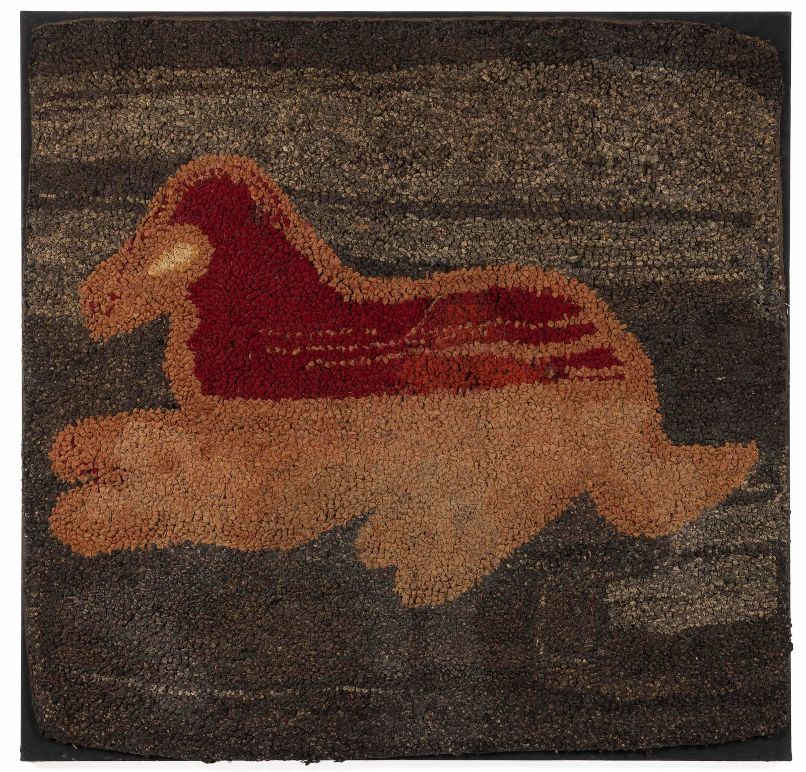 AMERICAN FOLK ART DOG PICTORIAL HOOKED RUG: AMERICAN FOLK ART DOG PICTORIAL HOOKED RUG, square form, depicting a reclining dog in the center, surrounded by dark-colored field. Mounted to fabric on a wooden stretcher for hanging. Late 19th/early