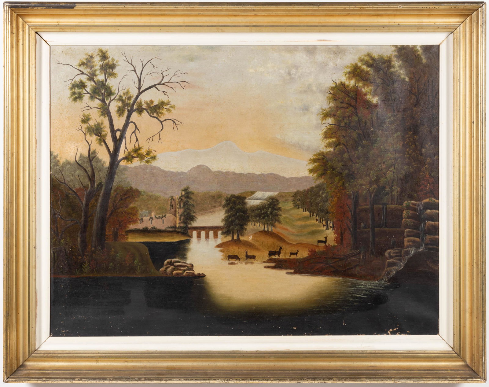 AMERICAN SCHOOL (19TH CENTURY) FOLK ART LANDSCAPE: AMERICAN SCHOOL (19TH CENTURY) FOLK ART LANDSCAPE, oil on canvas, depicting deer or elk crossing a body of water, no signature located. Housed in a gilt frame. Fourth quarter 19th century. 38" x 48" O