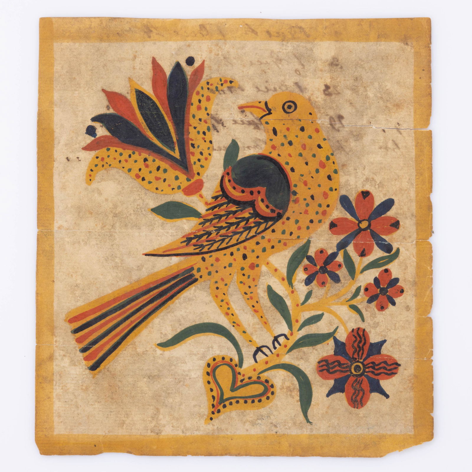 AMERICAN FOLK ART FRAKTUR-TYPE DRAWING OF A BIRD: AMERICAN FOLK ART FRAKTUR-TYPE DRAWING OF A BIRD, watercolor on laid paper, bright polychrome depiction of a distelfink on stylized flowering branch issuing from a heart, inked ledger notations verso.