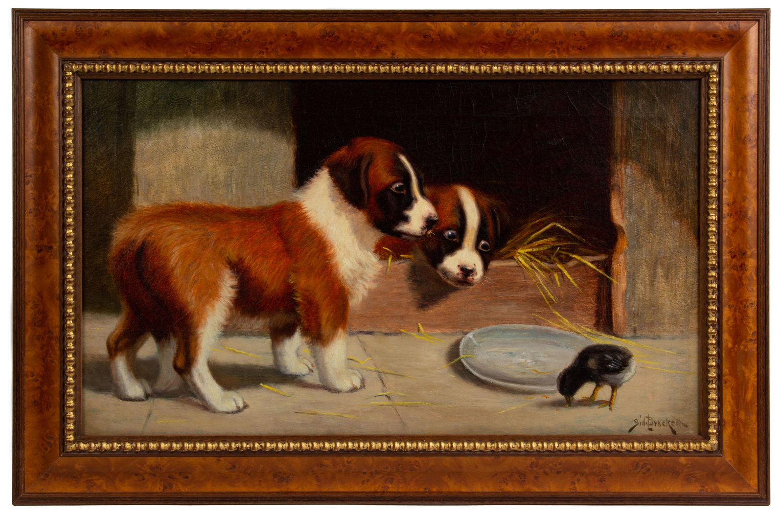 SIDNEY LAWRENCE BRACKETT (AMERICAN, 1852-1910) GENRE SCENE WITH PUPPIES AND CHICK,: SIDNEY LAWRENCE BRACKETT (AMERICAN, 1852-1910) GENRE SCENE WITH PUPPIES AND CHICK,, oil on canvas, a charming depiction of two St. Bernard puppies cautiously observing a chick pecking at crumbs on the