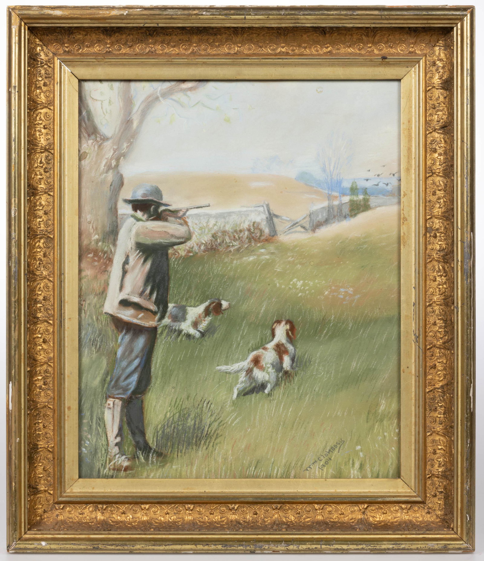 AMERICAN SCHOOL (EARLY 20TH CENTURY) FOLK ART HUNTING / SPORTING SCENE: AMERICAN SCHOOL (EARLY 20TH CENTURY) FOLK ART HUNTING / SPORTING SCENE, charcoal / pastel on paper, depicting two bird dogs on point in a field while a hunter takes aim at a covey of startled birds, s