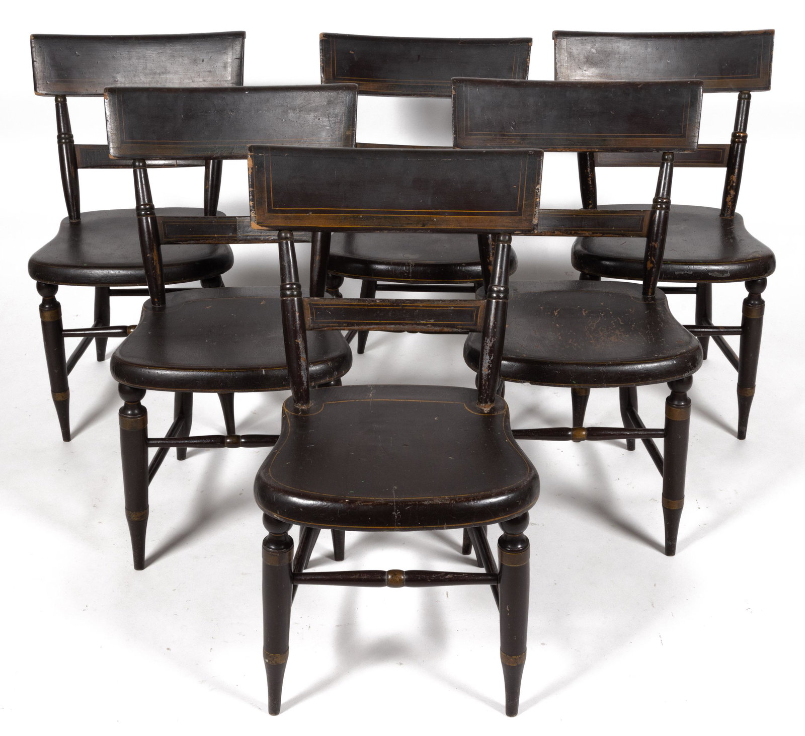 RARE SET OF SIX WINCHESTER, SHENANDOAH VALLEY OF VIRGINIA PAINTED FANCY CHAIRS: RARE SET OF SIX WINCHESTER, SHENANDOAH VALLEY OF VIRGINIA PAINTED FANCY CHAIRS, poplar and oak, each tablet crest with integral rear roll above two ring-turned posts centering a narrow slat and a shap