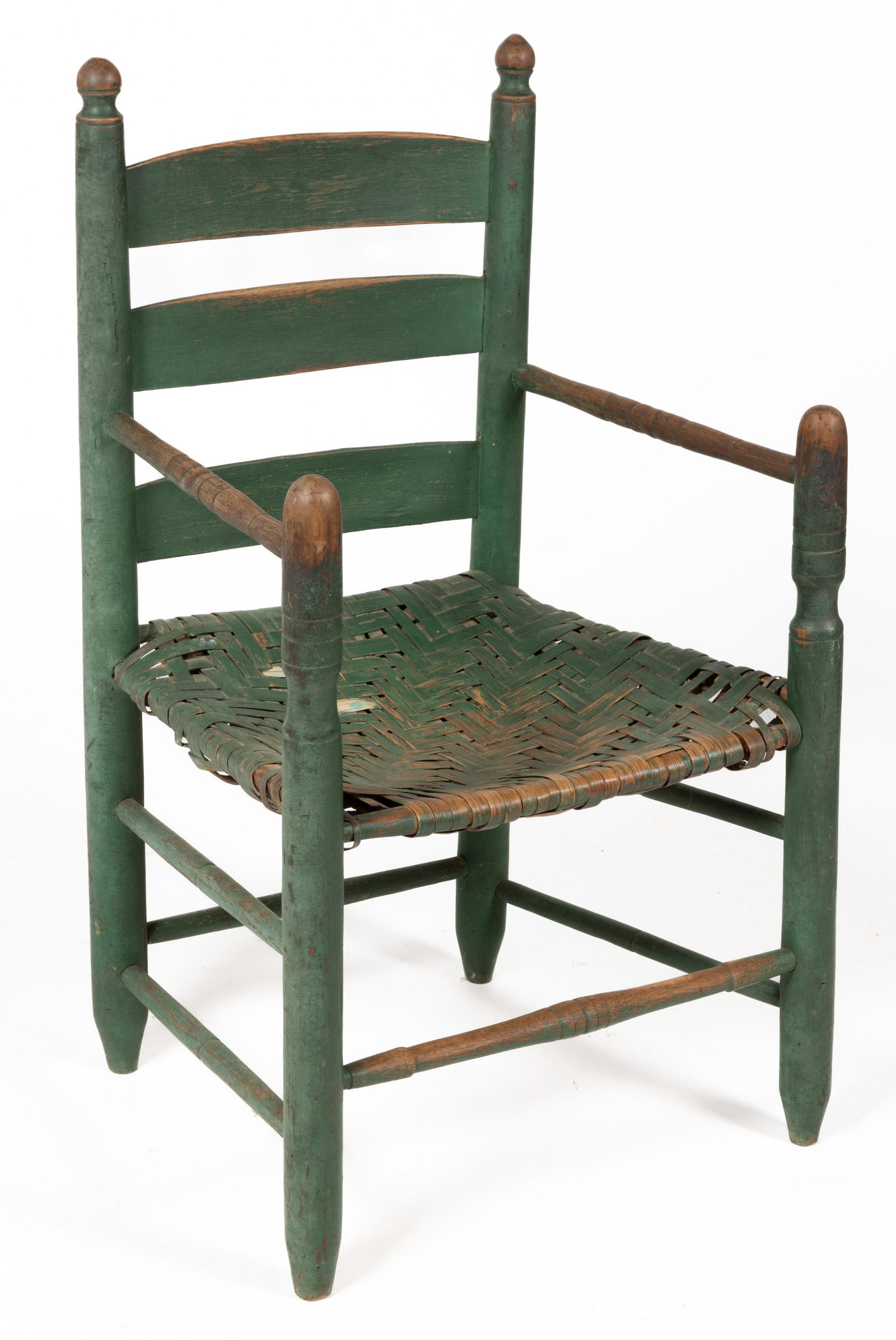 SHENANDOAH VALLEY OF VIRGINIA PAINTED LADDERBACK ARMCHAIR: SHENANDOAH VALLEY OF VIRGINIA PAINTED LADDERBACK ARMCHAIR, maple and oak / hickory, with fine turnings, retaining likely original woven-splint seat and exceptional green-painted surface. Mid 19th cent