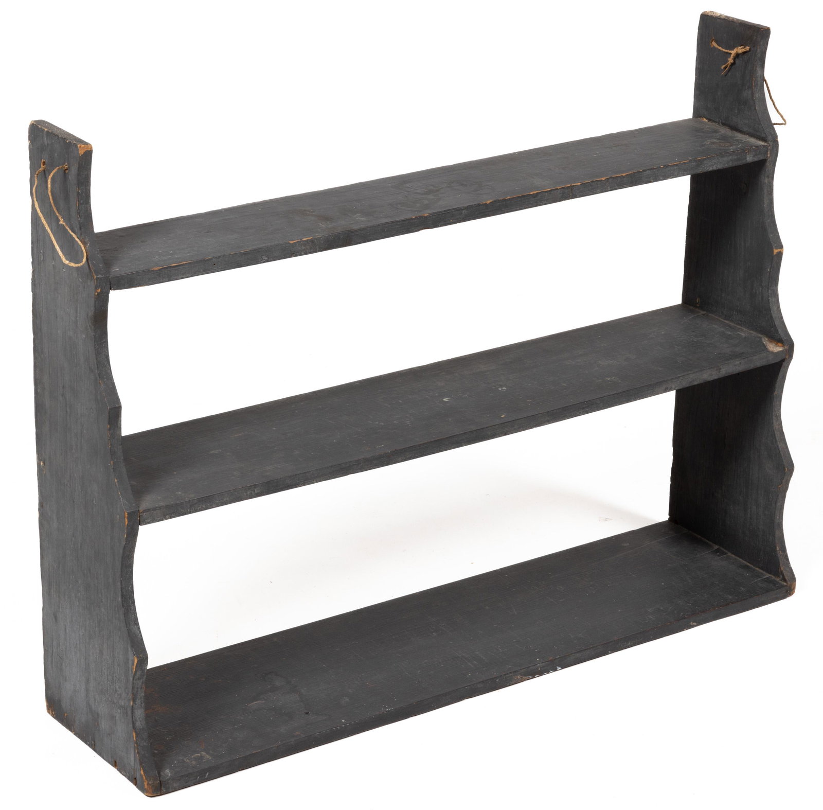 AMERICAN COUNTRY PAINTED PINE HANGING SHELF: AMERICAN COUNTRY PAINTED PINE HANGING SHELF, two-tiered, with shaped sides. Retains likely original blue-painted surface. 19th century. 25" H, 33 3/4" W, 7" D. Provenance: From a private collection in