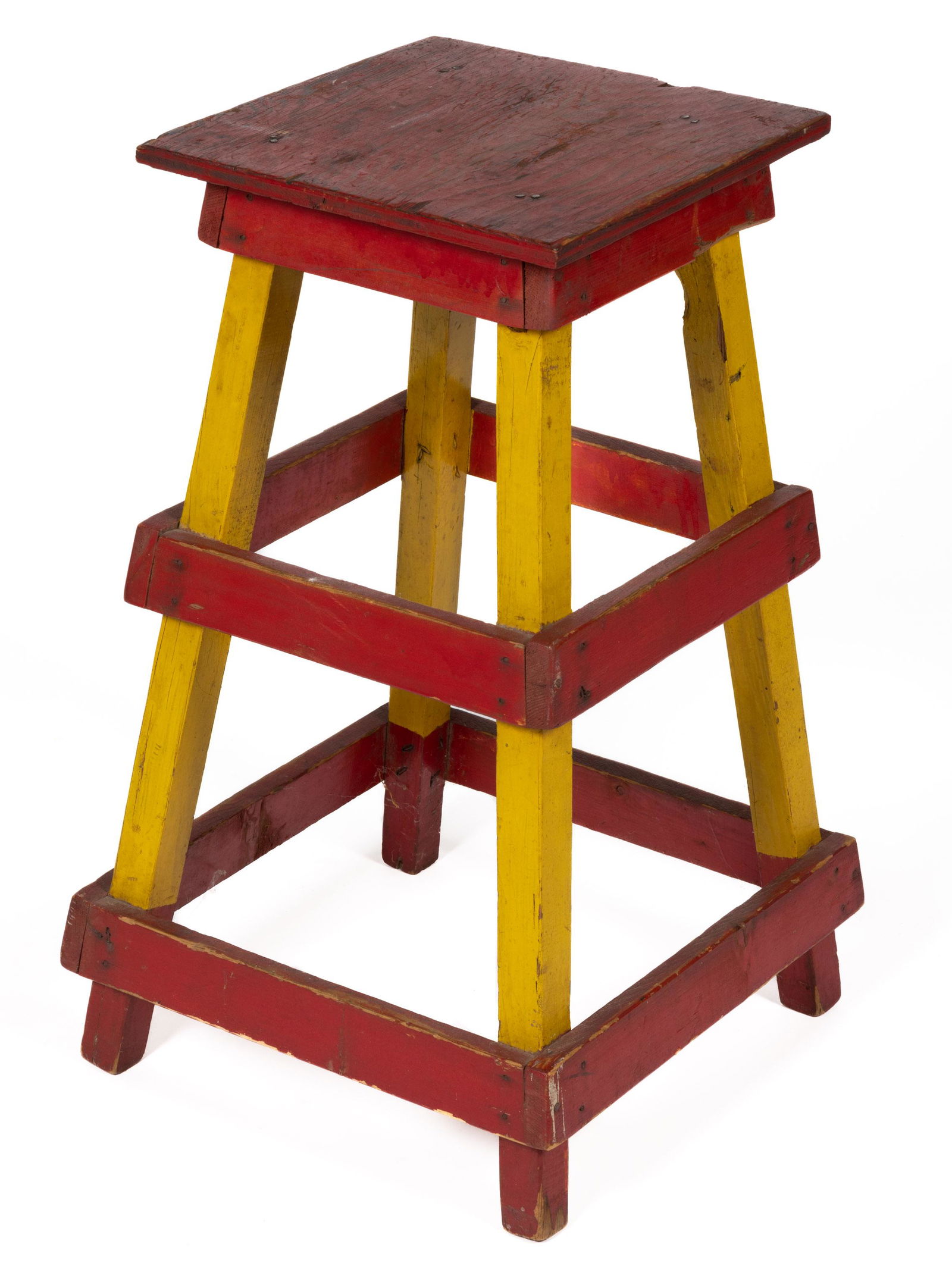 AMERICAN COUNTRY PAINTED MILLNER'S STOOL: AMERICAN COUNTRY PAINTED MILLNER'S STOOL, retains original yellow and red-painted surface. Late 19th/first quarter 20th century. 27 1/2" H, 13 1/4" sq.Provenance: From an important Washington, DC priv