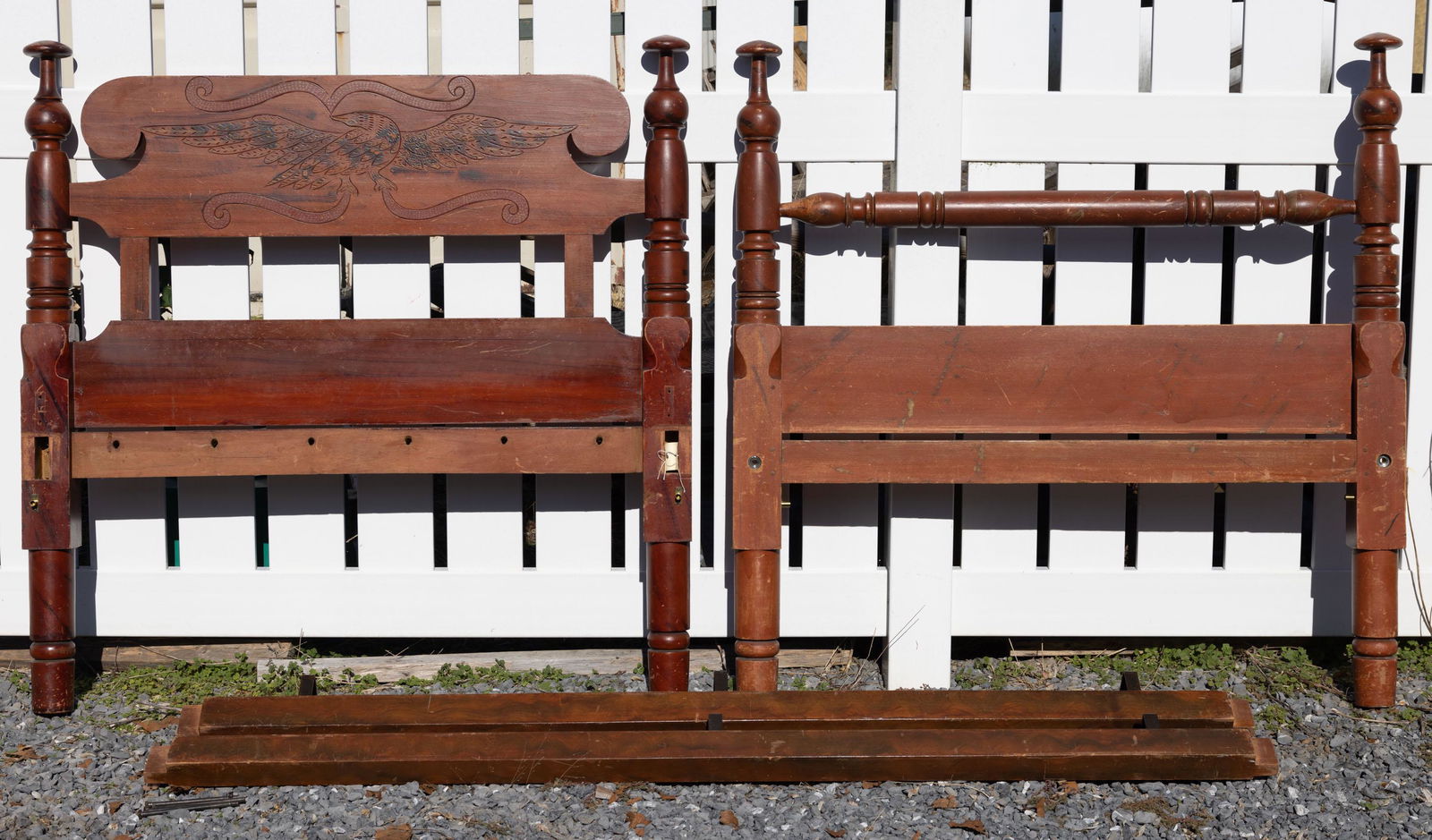 PIEDMONT NORTH CAROLINA PAINT-DECORATED POPLAR BED: PIEDMONT NORTH CAROLINA PAINT-DECORATED POPLAR BED, headboard featuring incised outline spread-wing eagle holding a banner. Retains original paint-decorated surface. Possibly Davidson Co., NC. Circa 1