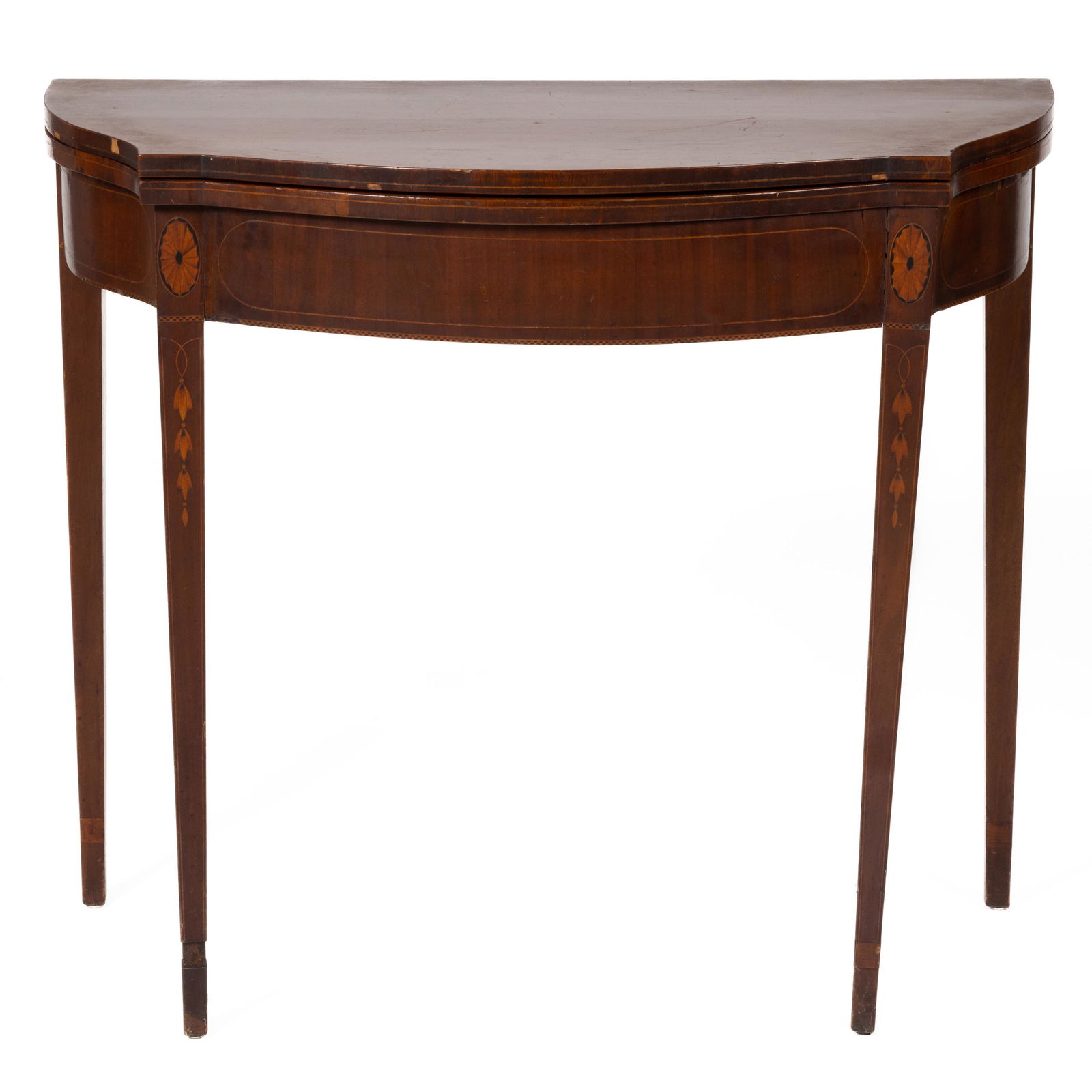 BALTIMORE, MARYLAND FEDERAL INLAID MAHOGANY CARD / GAMES TABLE: BALTIMORE, MARYLAND FEDERAL INLAID MAHOGANY CARD / GAMES TABLE, hinged D-shaped top with serpentine sides and blocked corners, oval paterae to stiles, the whole raised on square-tapered legs with thre