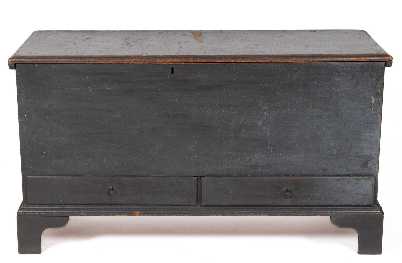 AMERICAN PAINTED PINE BLANKET CHEST: AMERICAN PAINTED PINE BLANKET CHEST, hinged rectangular top with molded edges, over case with two short drawers with likely original pulls raised on bracket feet. Retains an old, possibly original, bl