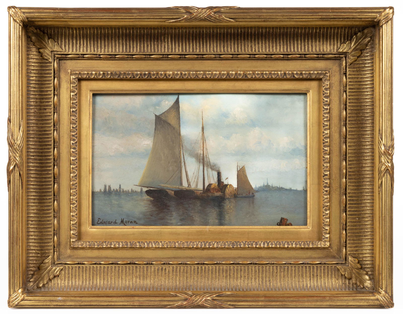 EDWARD MORAN (AMERICAN, 1829-1901), ATTRIBUTED, NEW YORK HARBOR SCENE: EDWARD MORAN (AMERICAN, 1829-1901), ATTRIBUTED, NEW YORK HARBOR SCENE, oil on board, depicting a line of three sail boats and a steamboat in the center of the composition, silhouettes of buildings in