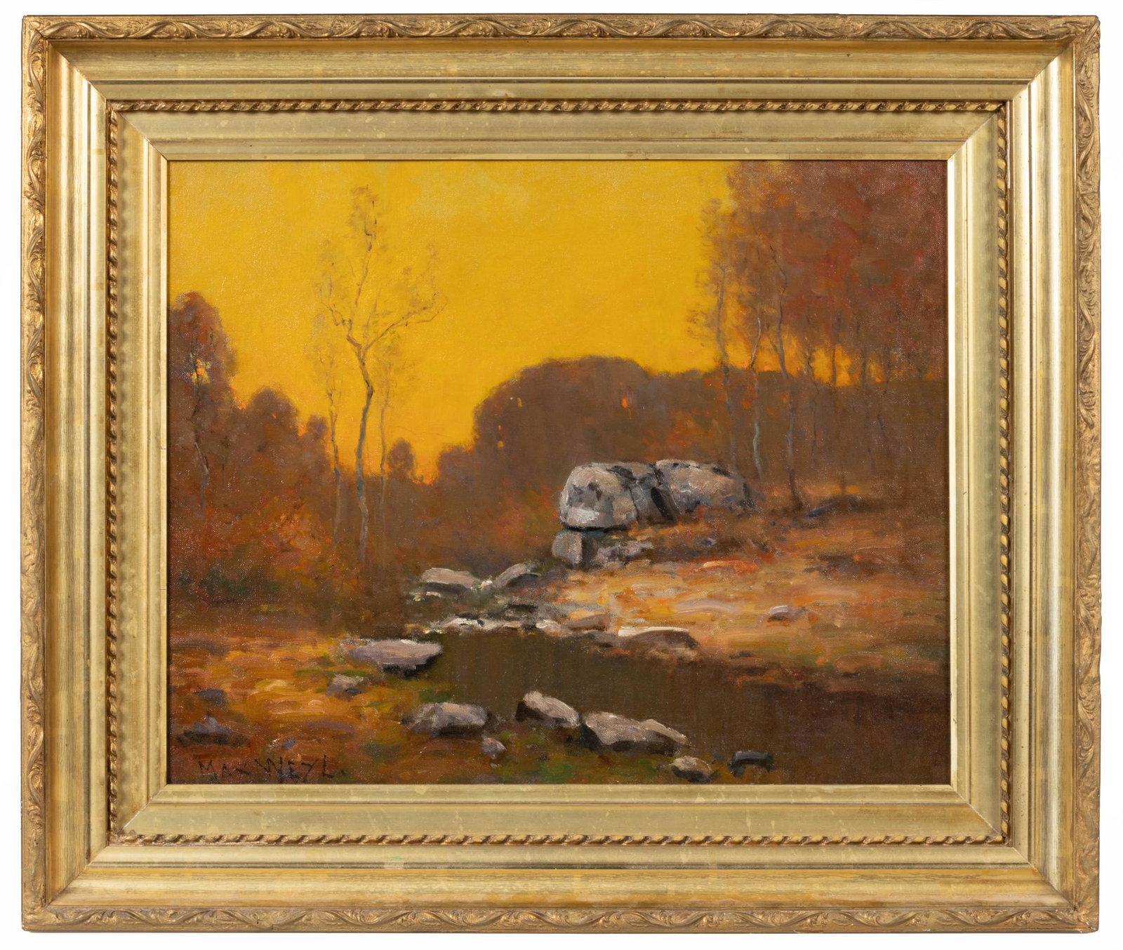 MAX WEYL (GERMAN-AMERICAN, 1837-1914) LANDSCAPE: MAX WEYL (GERMAN-AMERICAN, 1837-1914) LANDSCAPE, oil on canvas, depicting a rocky stream at sunset, signed "MAX WEYL" lower left. Housed in a gilt molded frame. Circa 1872. 24" x 27 3/4" OA. Provenanc