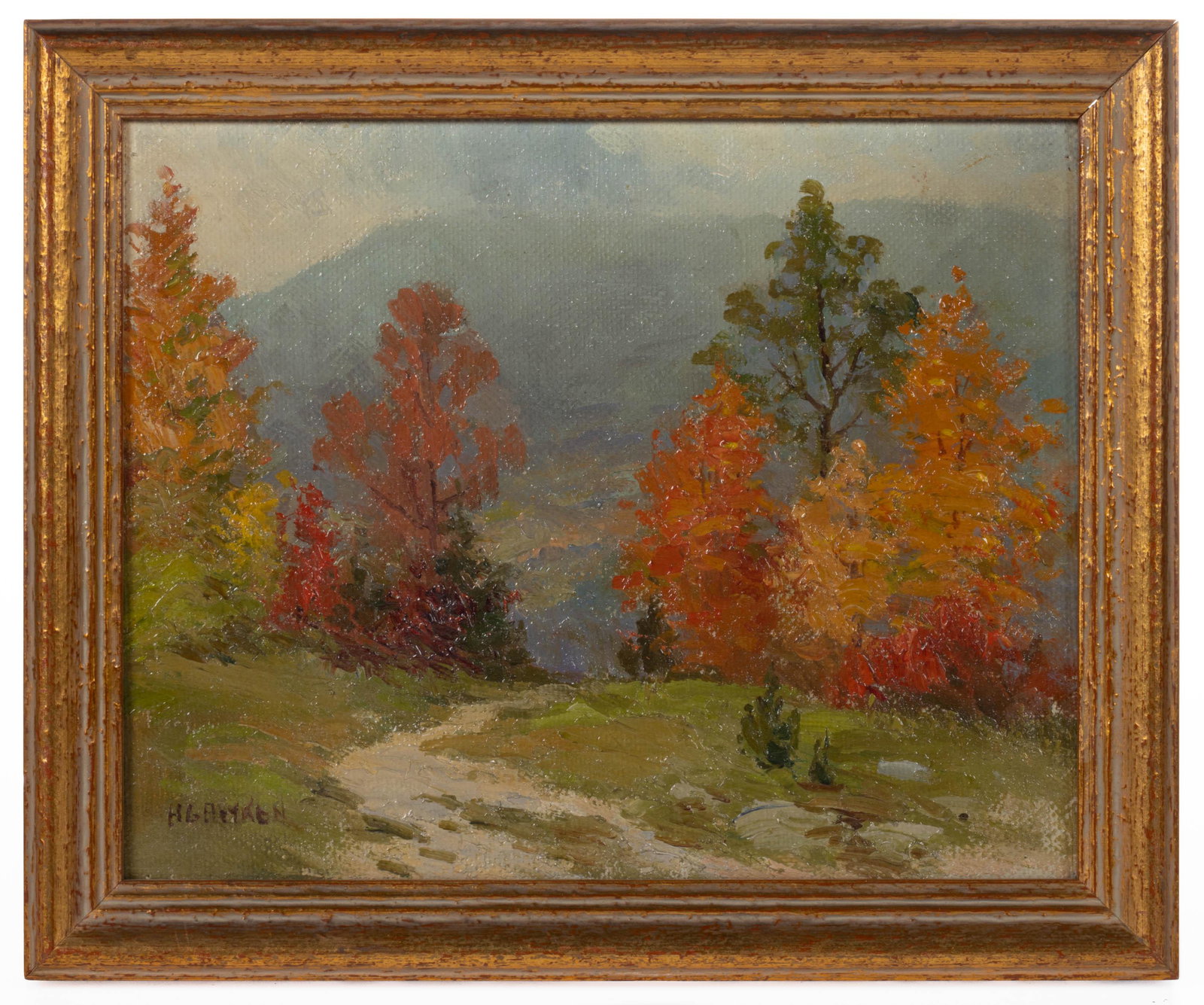 HARRY AITKEN (NEW JERSEY, 1867-1952) LANDSCAPE: HARRY AITKEN (NEW JERSEY, 1867-1952) LANDSCAPE, oil on canvas, titled "OCTOBER IN THE CATSKILLS", signed lower left "HG AITKEN". Housed in a gilt frame. 20th century. 10" x 11 1/2" OA. Provenance: Fro