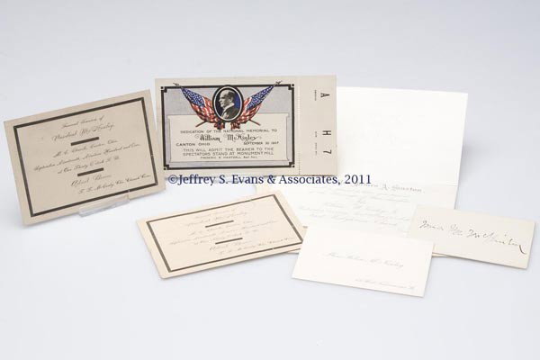 PRESIDENT WILLIAM MCKINLEY EPHEMERA, LOT OF SIX PI: PRESIDENT WILLIAM MCKINLEY EPHEMERA, LOT OF SIX PIECES, comprising two passes to his funeral services, September 19, 1901 in Canton, OH; an invitation to his wedding to Ida Saxton, January 25, 1871, w