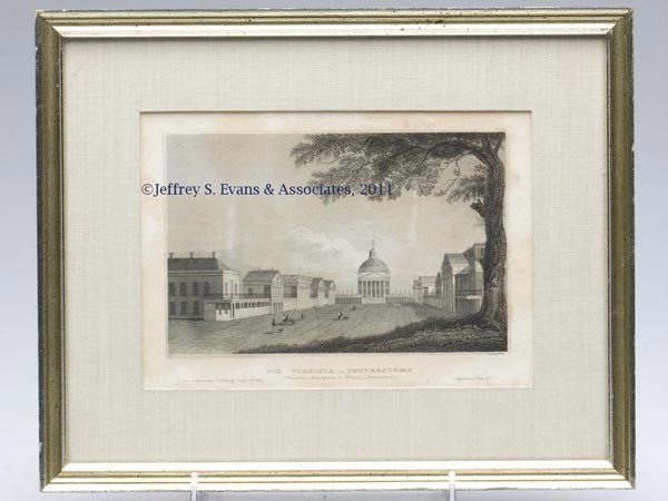 UNIVERSITY OF VIRGINIA PRINT: UNIVERSITY OF VIRGINIA PRINT, steel engraving on paper, titled "DIE VIRGINIA UNIVERSITAT / (Verein. Staaten v. Nord - America)", engraved by J. Poppel. Modern frame and mat. Second quarter 19th centur