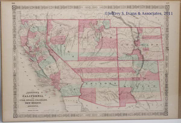 1864 WESTERN UNITED STATES MAP: 1864 WESTERN UNITED STATES MAP, hand-colored engraving on paper, titled "Johnson's California, with Utah, Nevada, Colorado, New Mexico, and Arizona", by Johnson and Ward, 1864. Third quarter 19th cent