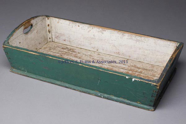COUNTRY PAINTED SOFTWOOD LARGE PRODUCE TRAY: COUNTRY PAINTED SOFTWOOD LARGE PRODUCE TRAY, dovetailed case with cut-out end handles. Old painted surface. Mid 19th century. 8 1/2" H, 18 1/4" x 35". Provenance: Estate collection of Dorothy and Mars